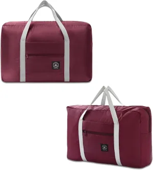 2 Pack Foldable Travel Duffel Bag with Trolley Sleeve, Lightweight Collapsible Luggage Bags for Traveling, Folding Over Night Bag, Carry on Weekender Bags for Women Men Clearance (Wine Red)