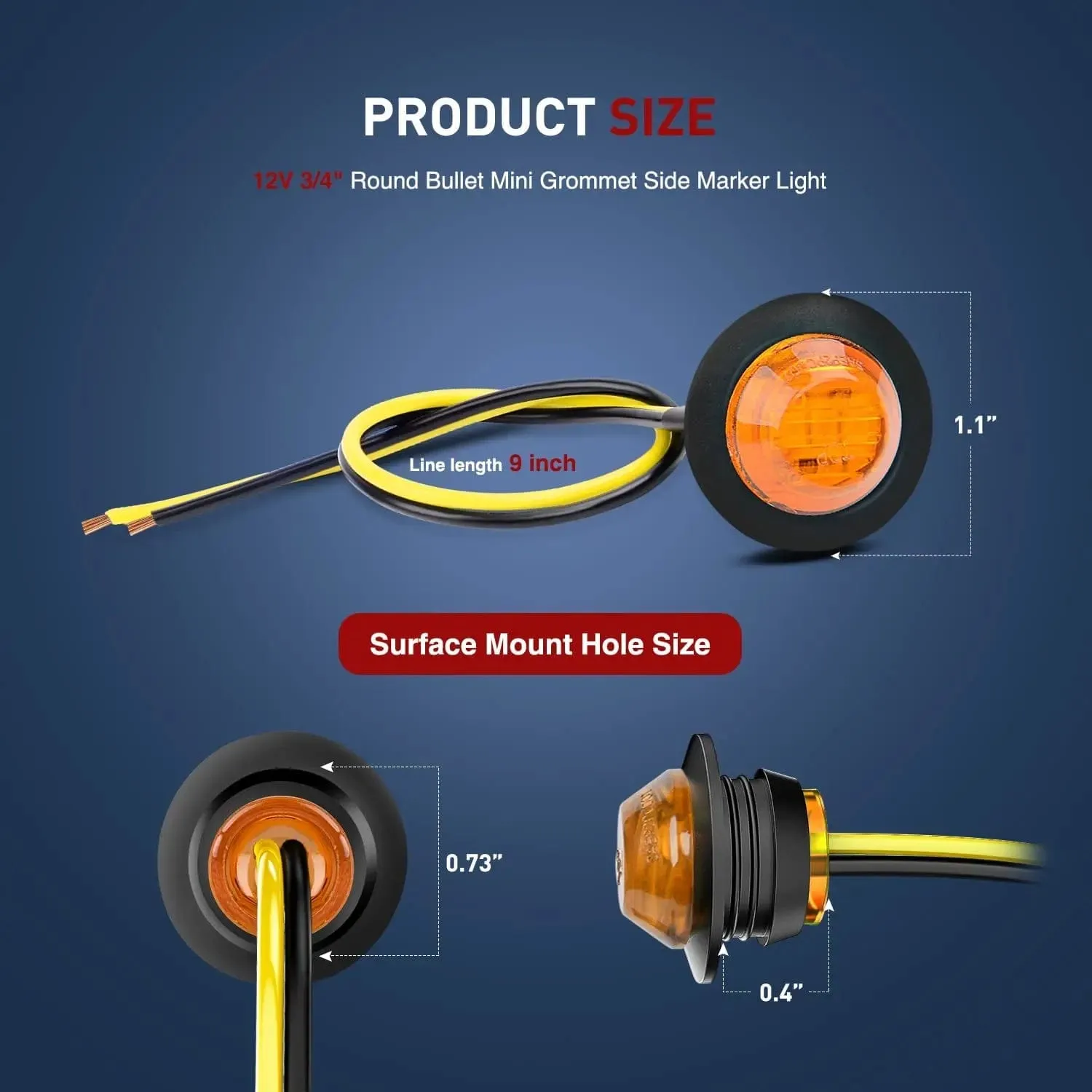 3/4 inch Amber Round LED Marker Lights (50 Pcs)