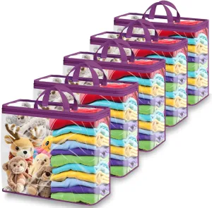 5-Pack Clear Zippered Storage Bags for Clothes, Blankets & Toys - 22L Transparent Organizers with Handles, Transparency Design for Bedding, Linen, Comforters, Closet & Travel Storage (Purple)