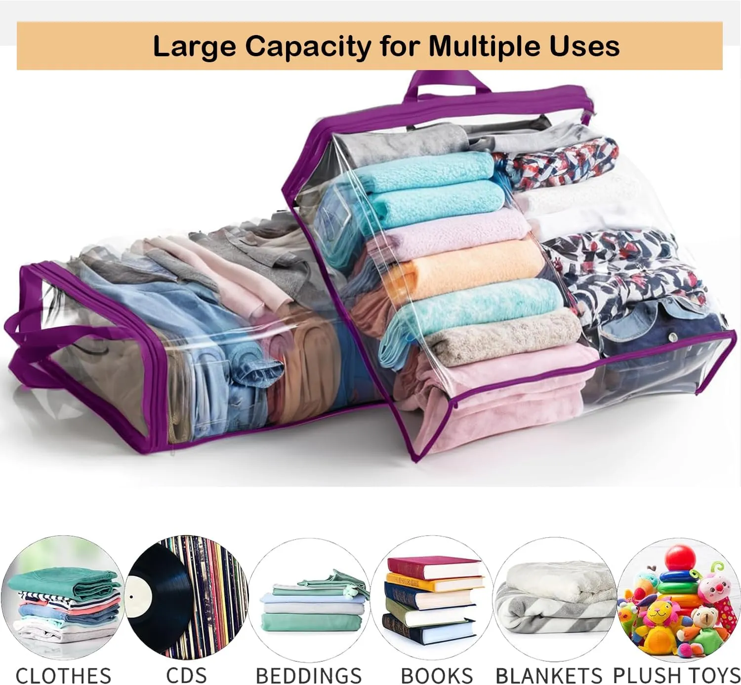 5-Pack Clear Zippered Storage Bags for Clothes, Blankets & Toys - 22L Transparent Organizers with Handles, Transparency Design for Bedding, Linen, Comforters, Closet & Travel Storage (Purple)