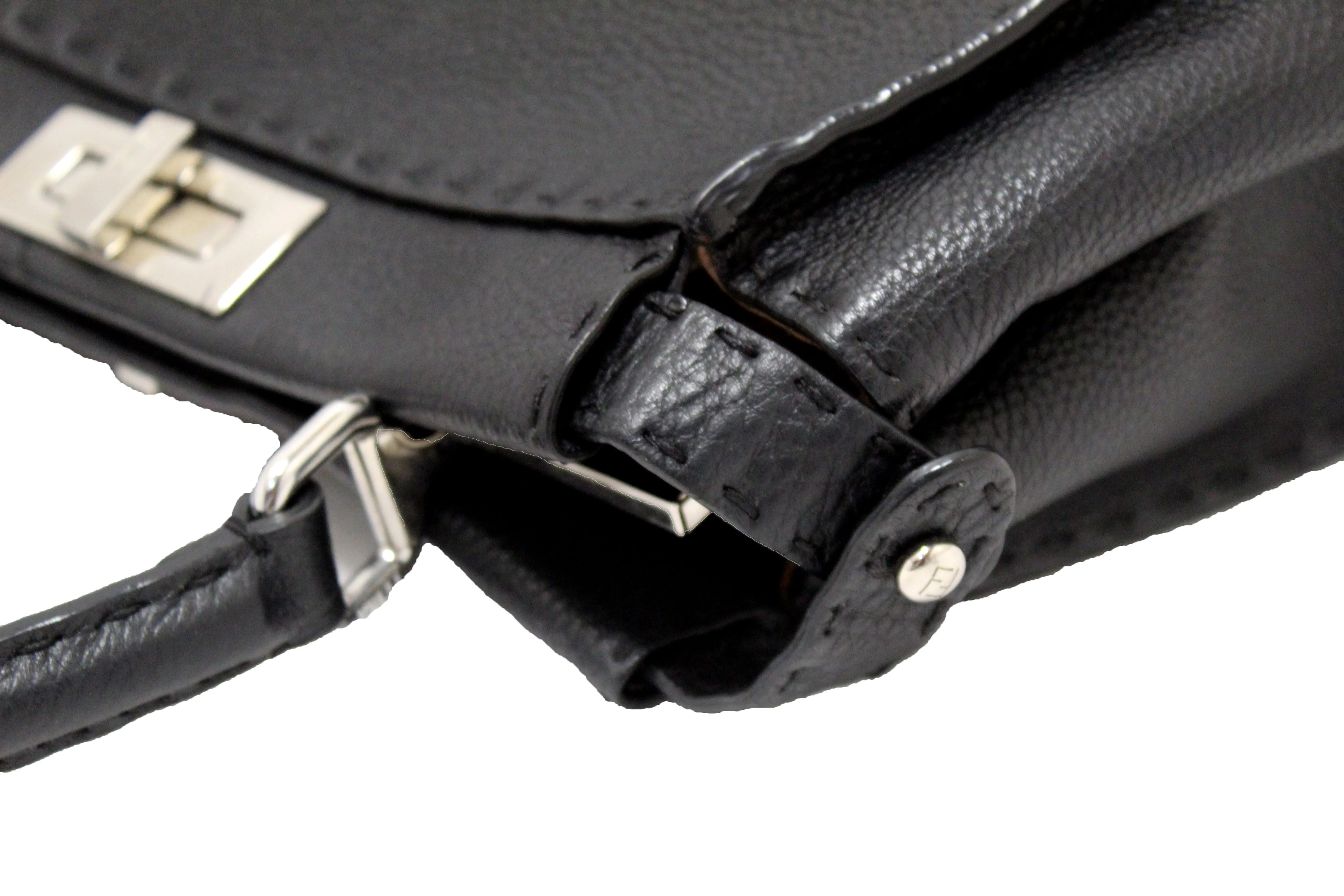 Authentic Fendi Black Cuoio Romano Leather Selleria Medium Peekaboo Iconic Satchel Bag