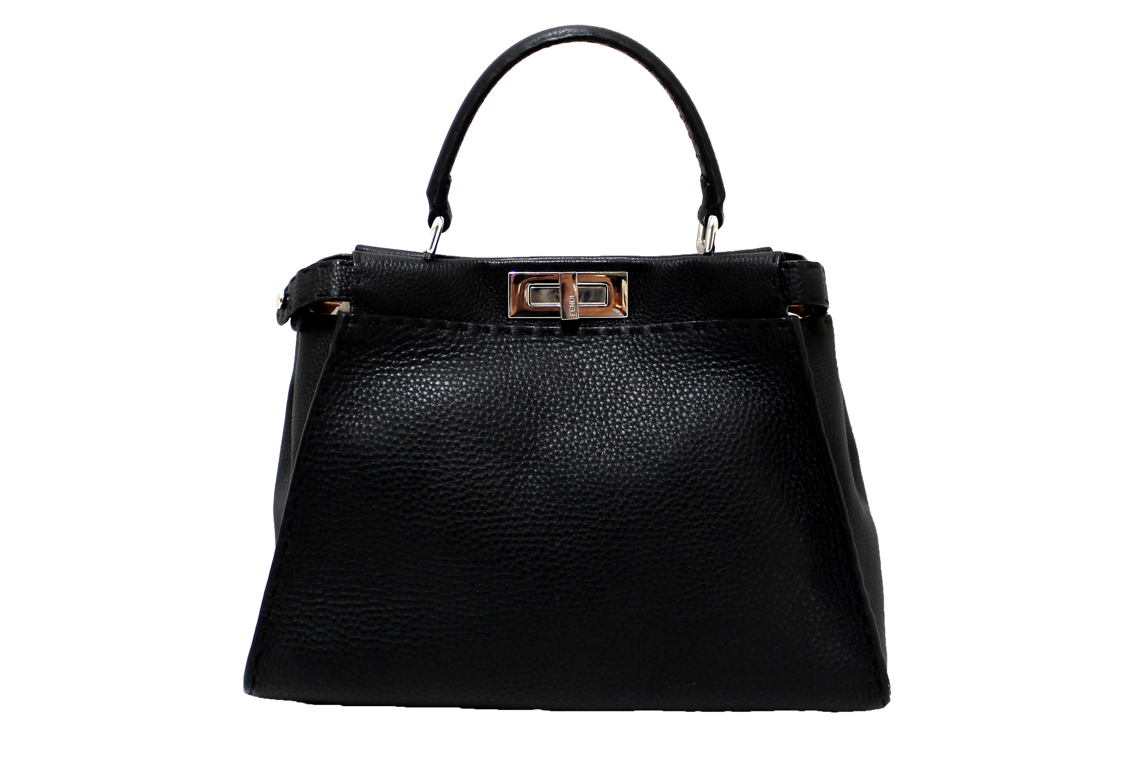 Authentic Fendi Black Cuoio Romano Leather Selleria Medium Peekaboo Iconic Satchel Bag