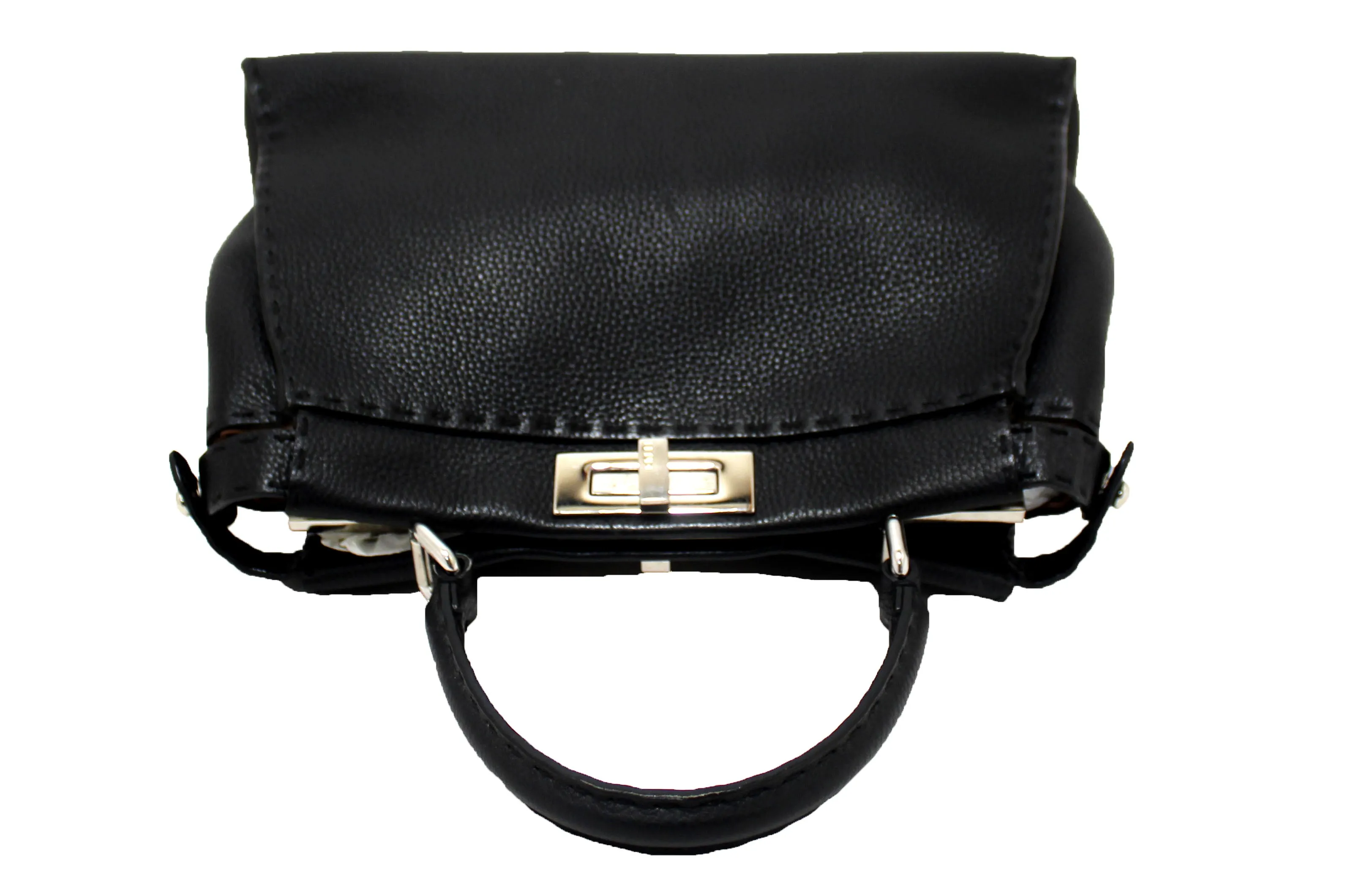 Authentic Fendi Black Cuoio Romano Leather Selleria Medium Peekaboo Iconic Satchel Bag