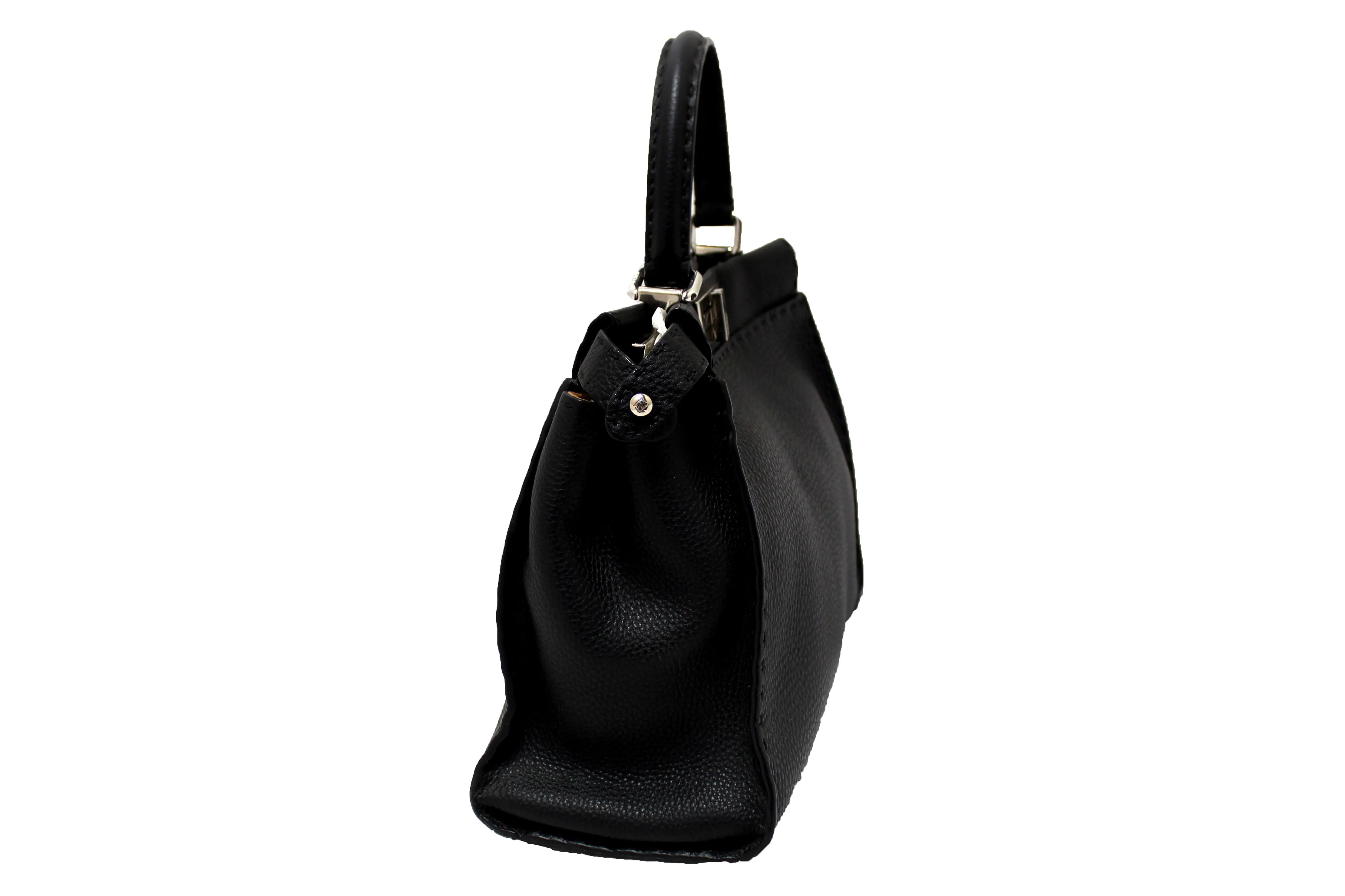Authentic Fendi Black Cuoio Romano Leather Selleria Medium Peekaboo Iconic Satchel Bag