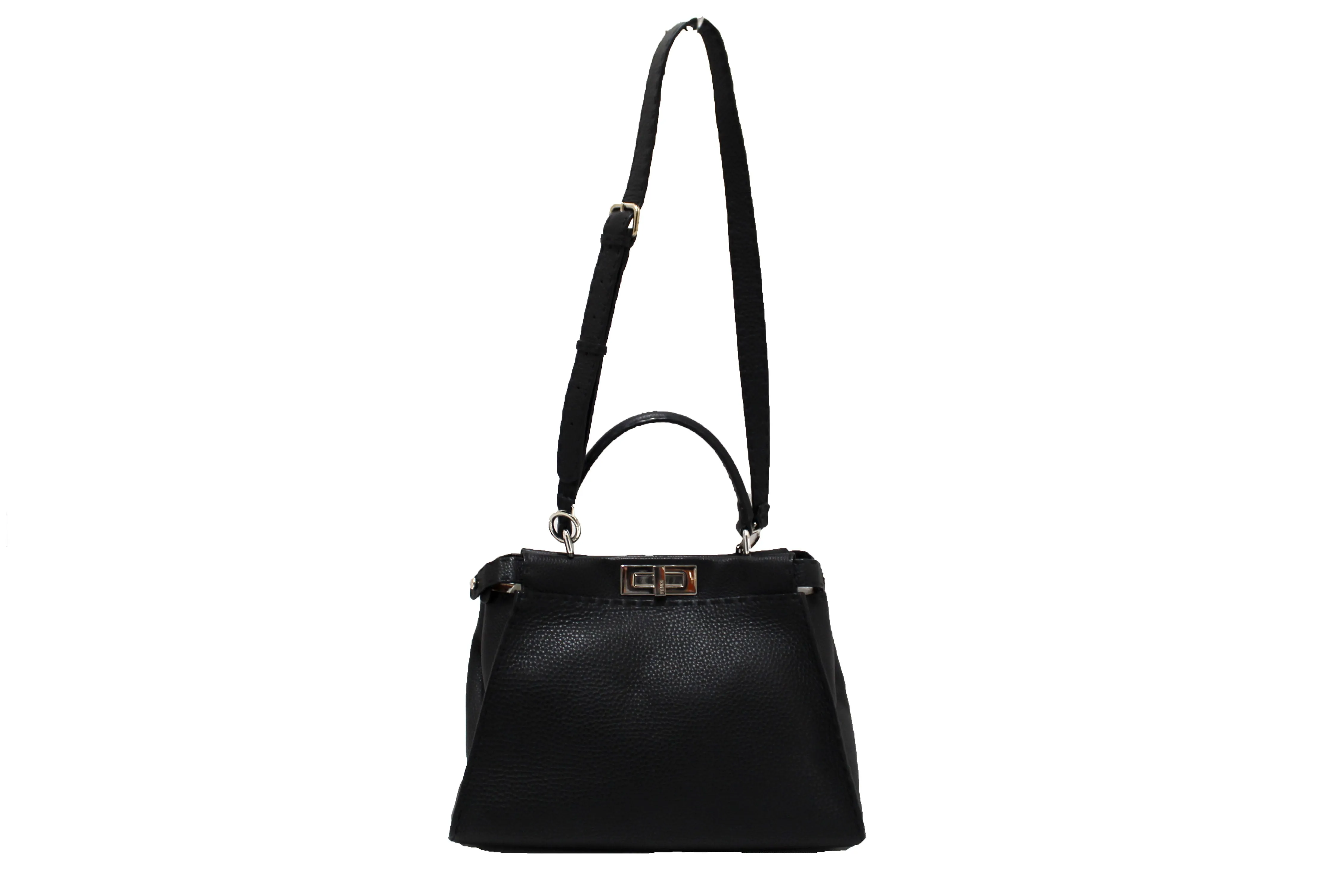 Authentic Fendi Black Cuoio Romano Leather Selleria Medium Peekaboo Iconic Satchel Bag