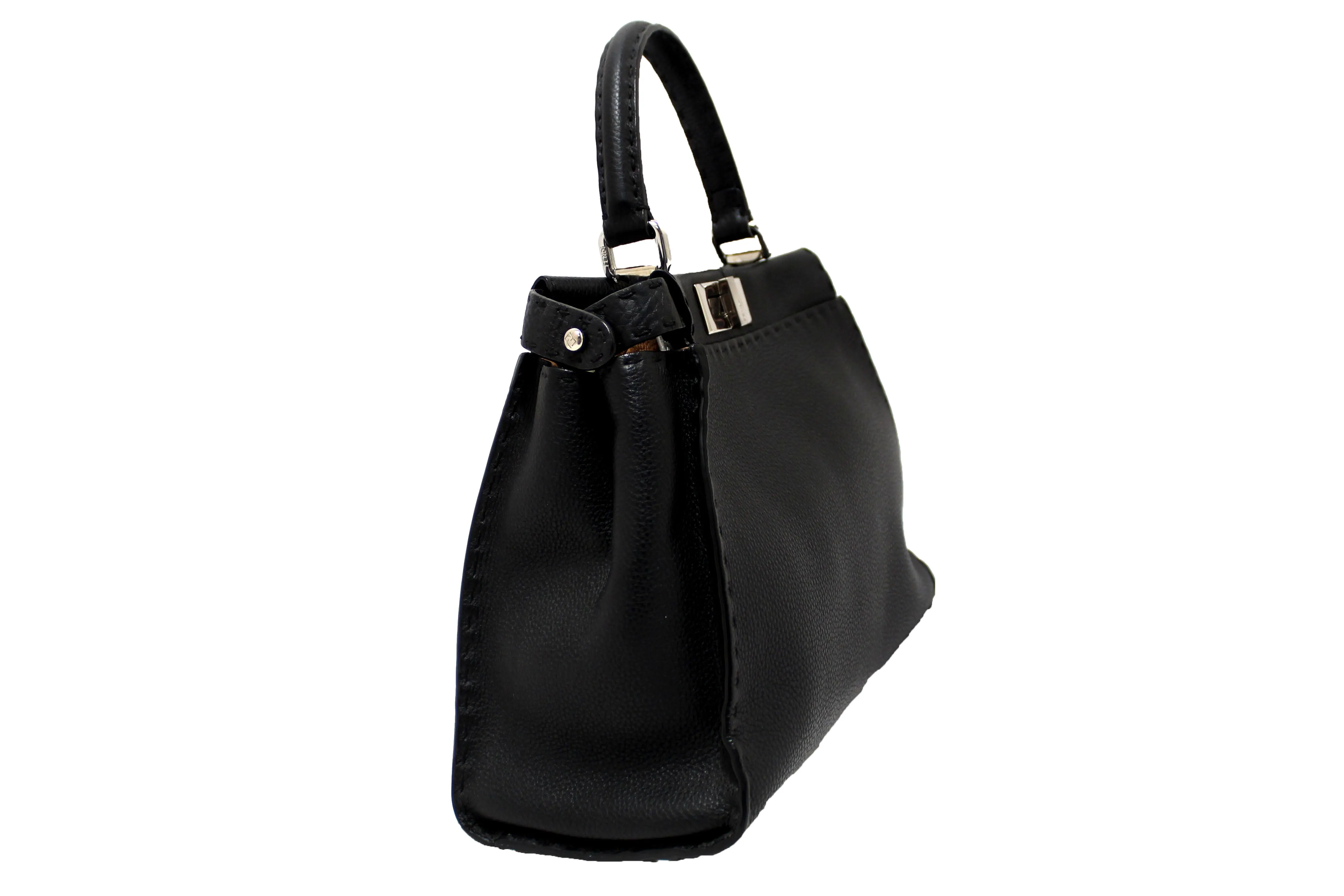 Authentic Fendi Black Cuoio Romano Leather Selleria Medium Peekaboo Iconic Satchel Bag