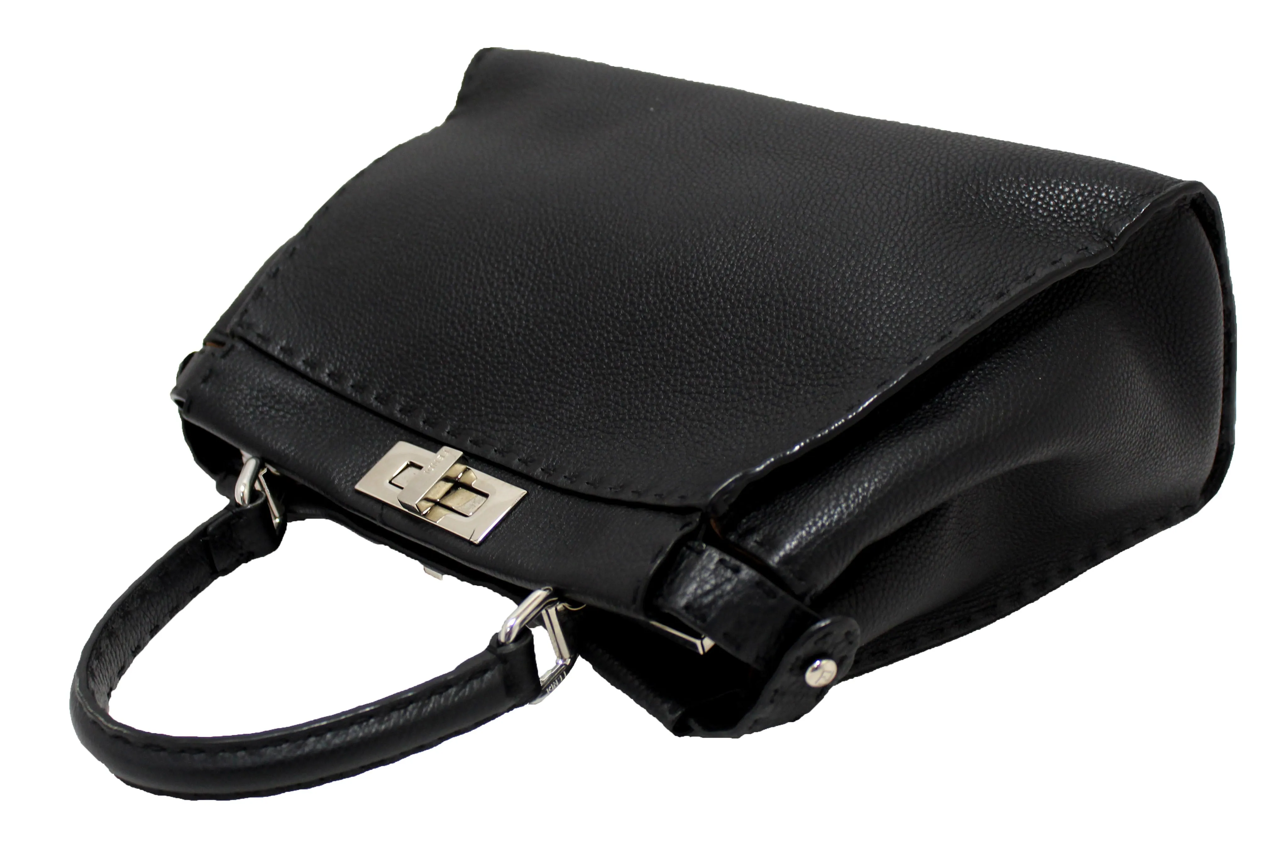 Authentic Fendi Black Cuoio Romano Leather Selleria Medium Peekaboo Iconic Satchel Bag