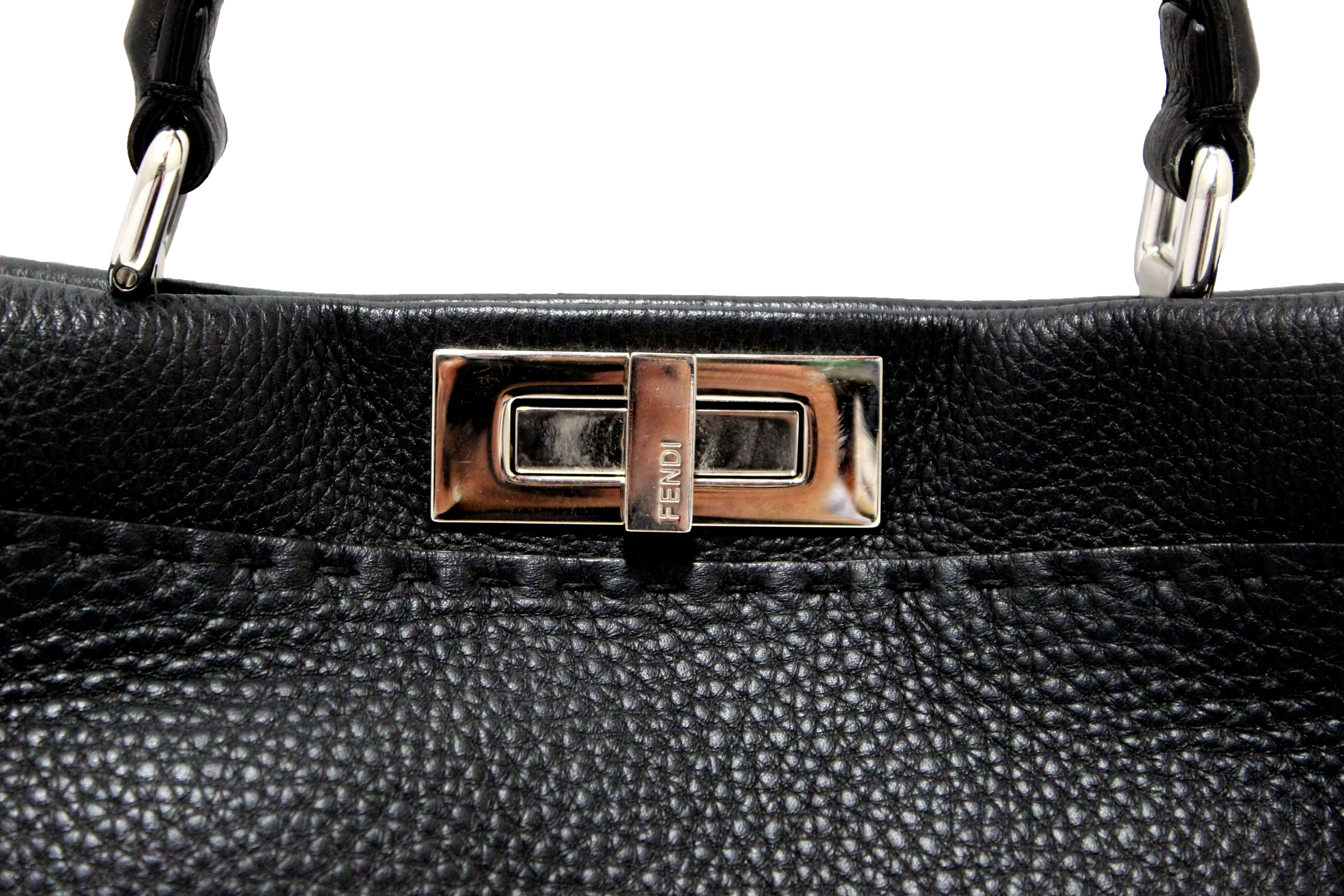 Authentic Fendi Black Cuoio Romano Leather Selleria Medium Peekaboo Iconic Satchel Bag