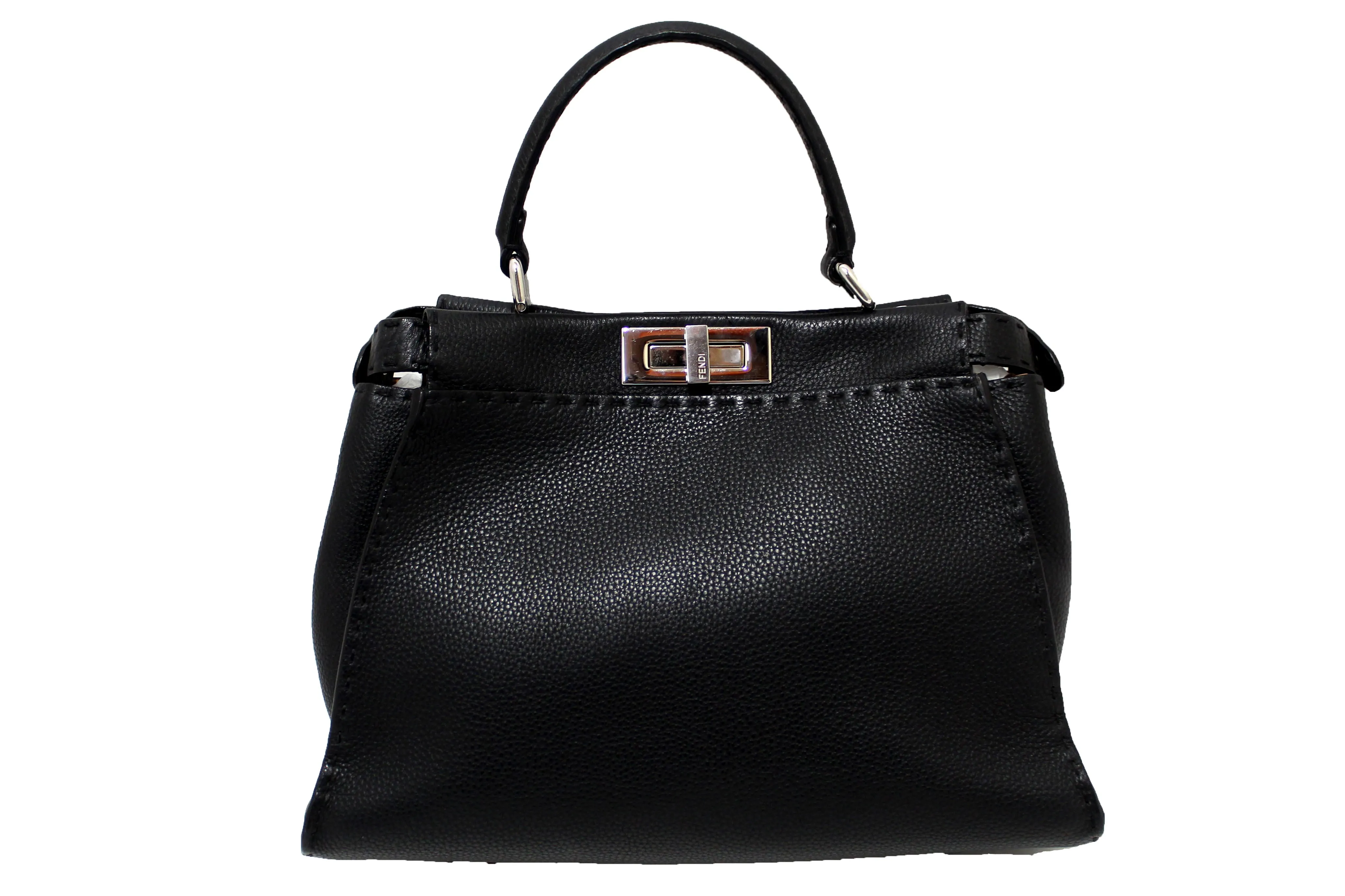 Authentic Fendi Black Cuoio Romano Leather Selleria Medium Peekaboo Iconic Satchel Bag