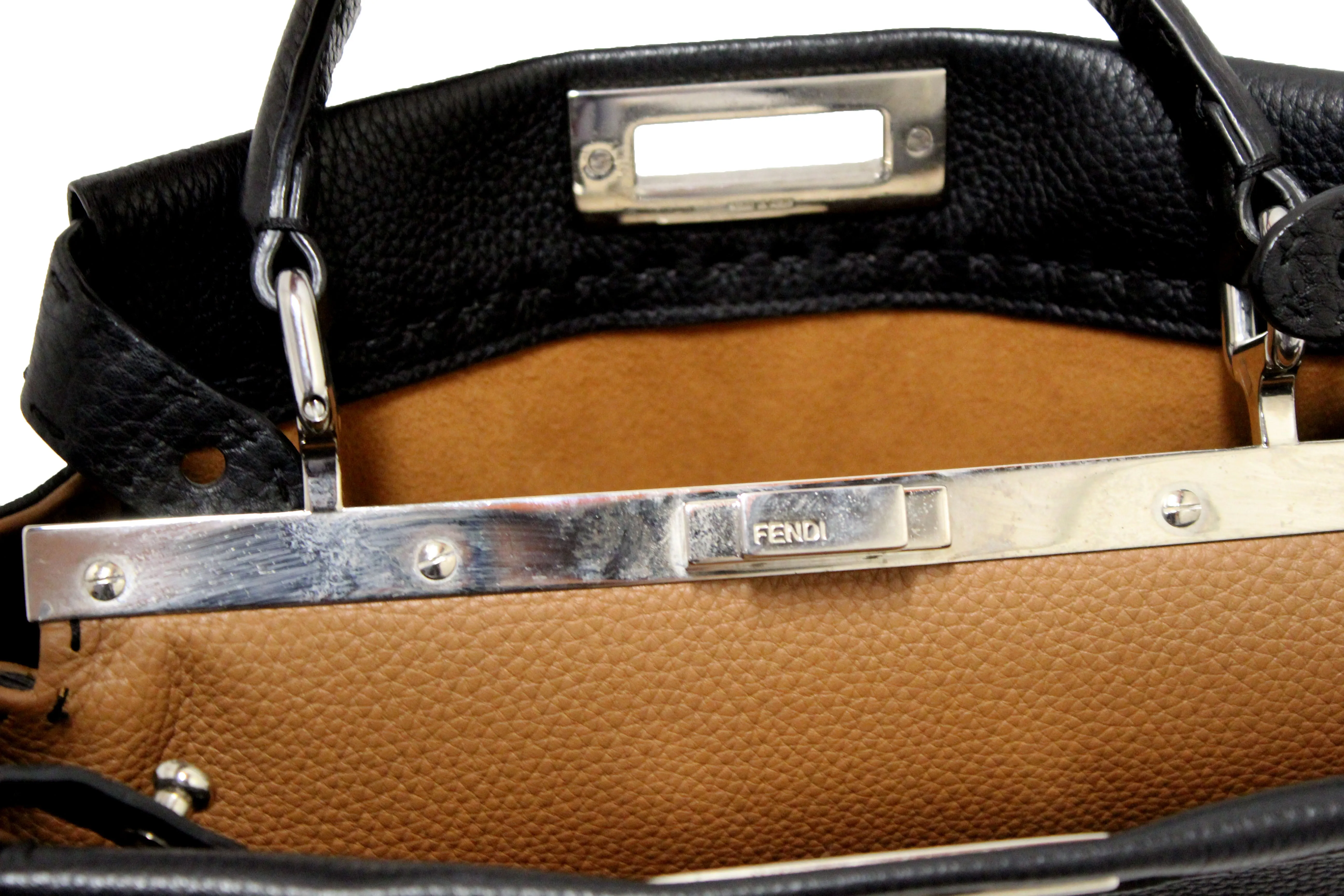 Authentic Fendi Black Cuoio Romano Leather Selleria Medium Peekaboo Iconic Satchel Bag