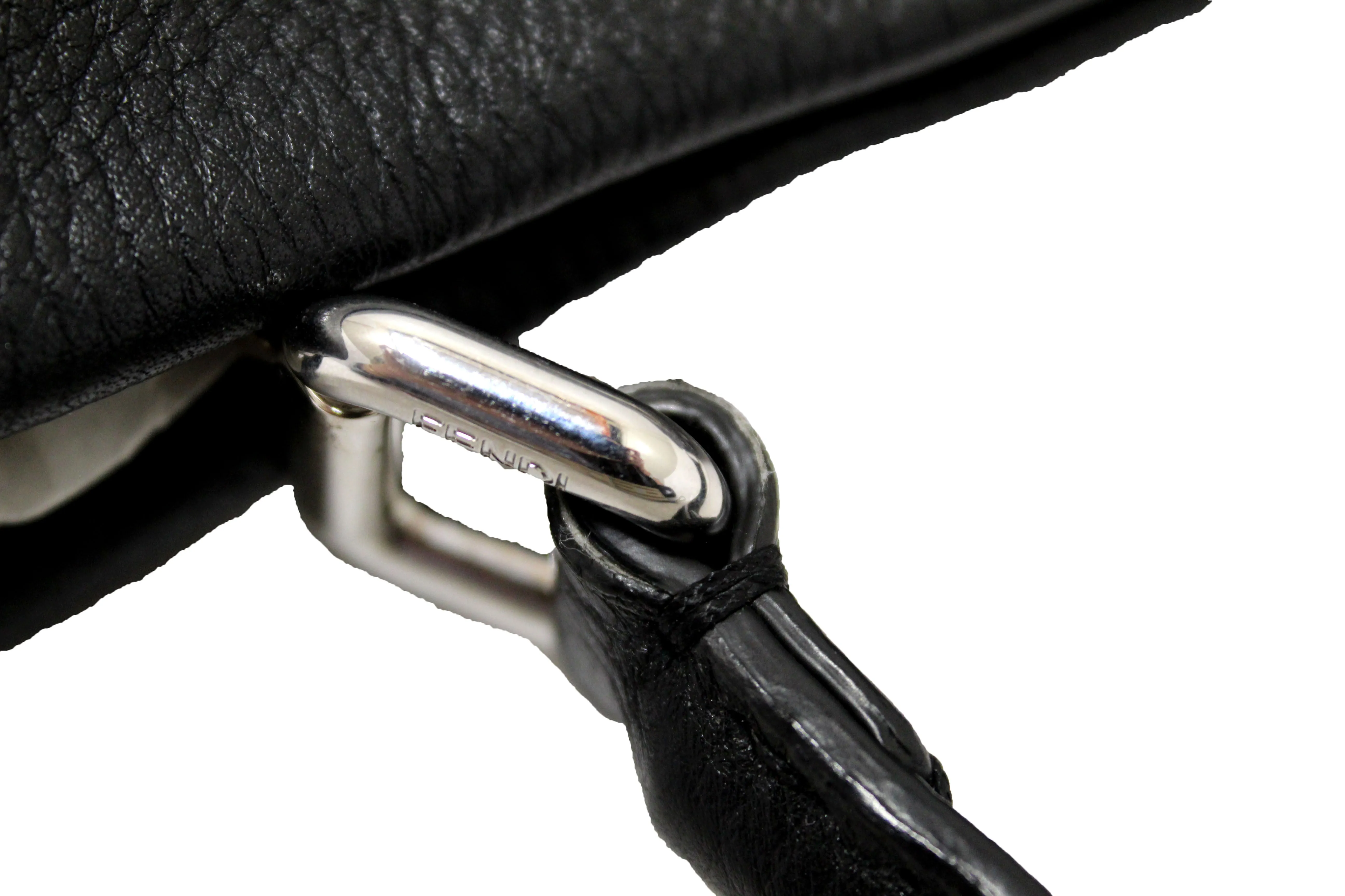 Authentic Fendi Black Cuoio Romano Leather Selleria Medium Peekaboo Iconic Satchel Bag