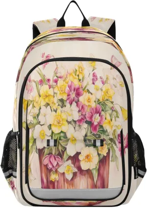 Backpack for School Girls Boys, College Rucksack Travel Daypack Teenager Bookbag Kids Backpack Watercolor Flower Wood Bucket