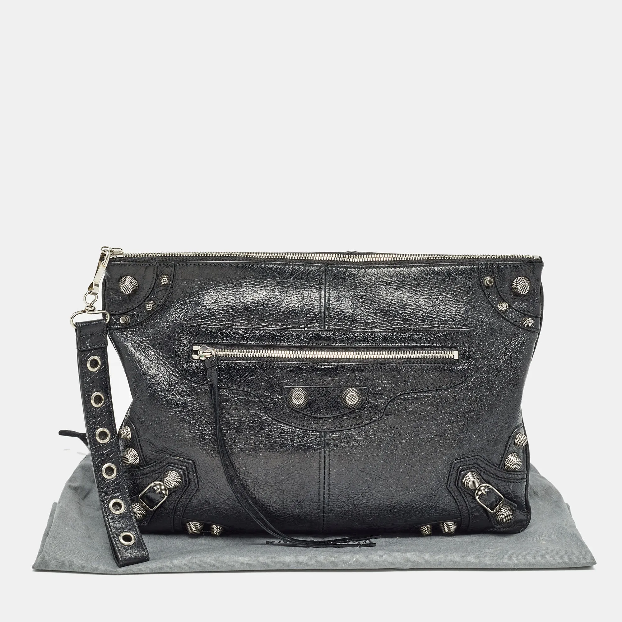 BALENCIAGA Black Leather Le Cagole Wristlet Pouch