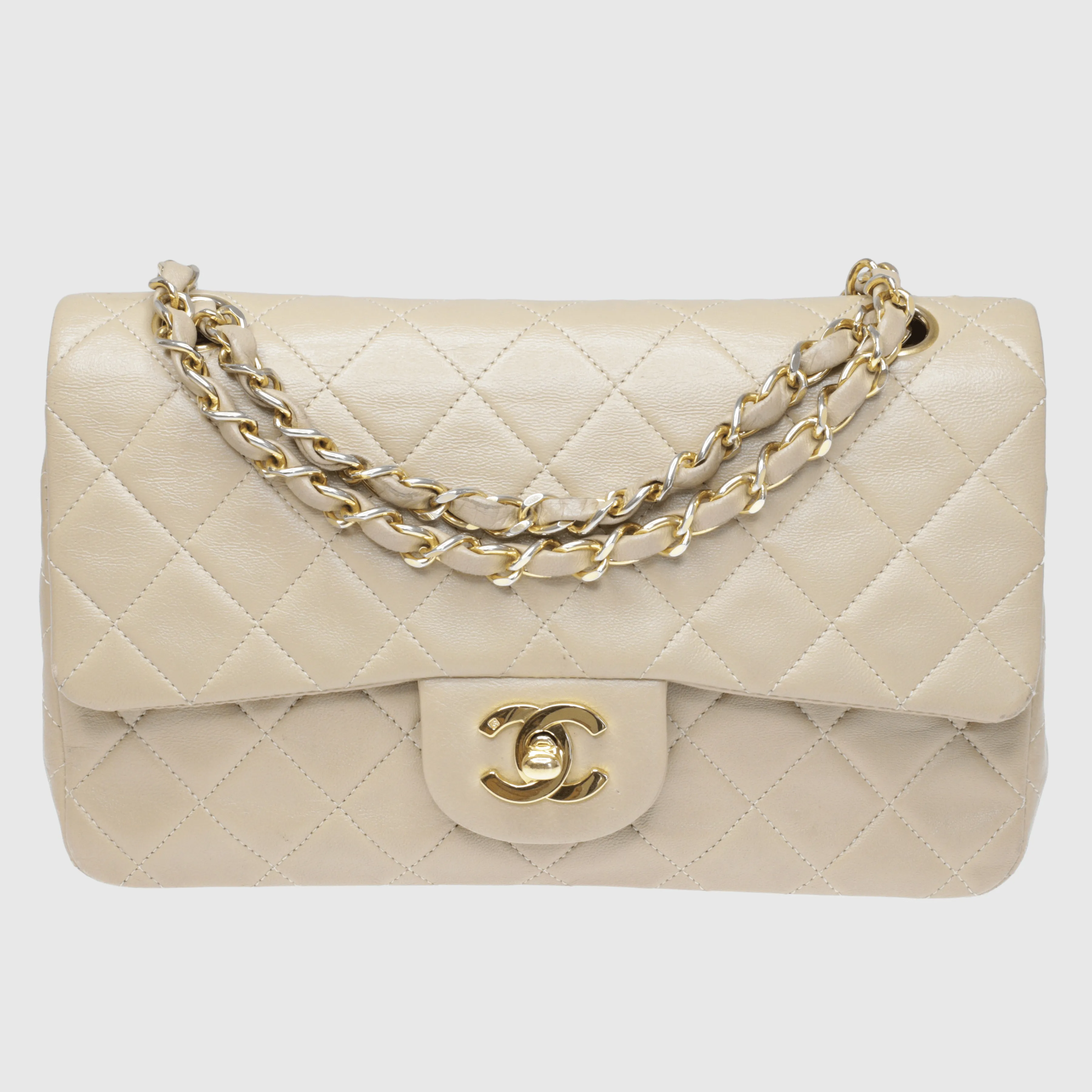 Beige Vintage Quilted Classic Small Double Flap Bag w Gold Hardware