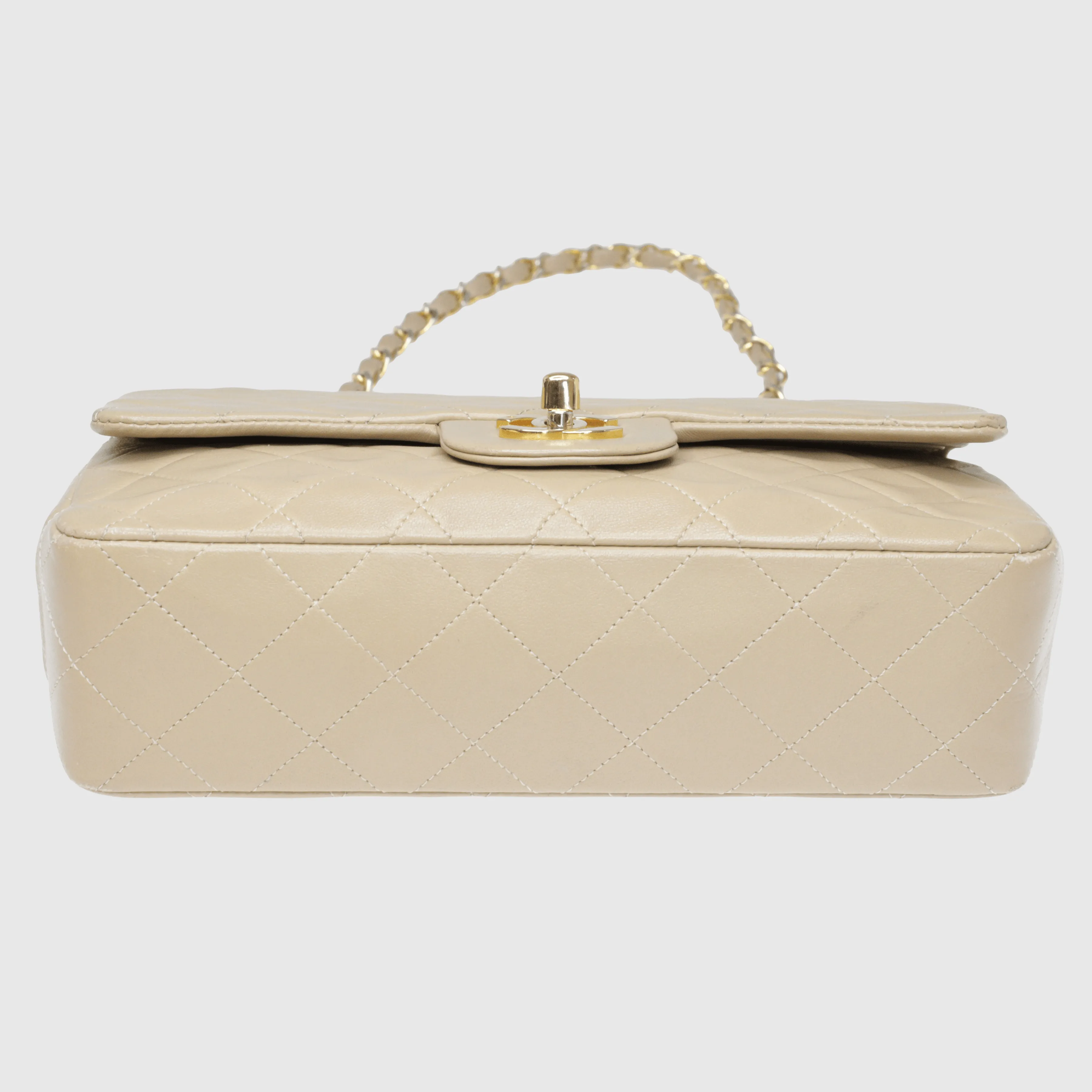 Beige Vintage Quilted Classic Small Double Flap Bag w Gold Hardware
