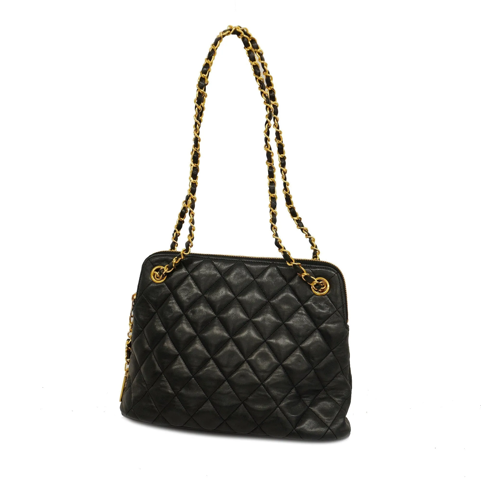 CHANELAuth  Matelasse Chain Shoulder With Fringes Leather Shoulder Bag Black