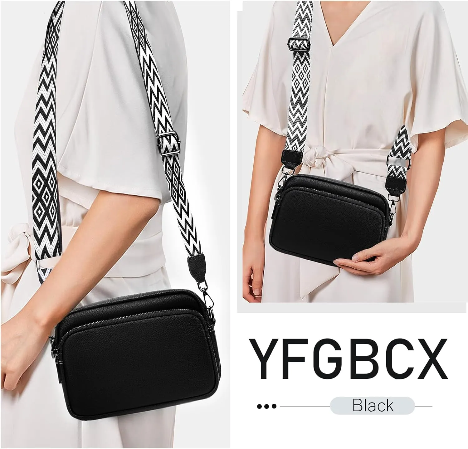 Crossbody Bag for Women Genuine Leather Wide Strap Shoulder Bag Purse Trendy Design Camera Crossbody Purse Top Zip