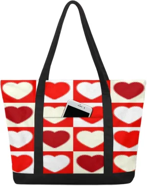 Cute Heart Checkerboard Grid Tote Bag Tote Bag for Women Reusable Grocery Shopping Cloth Bags with Zipper Large Capacity Foldable Handbag Gym Bag for Gift Activity