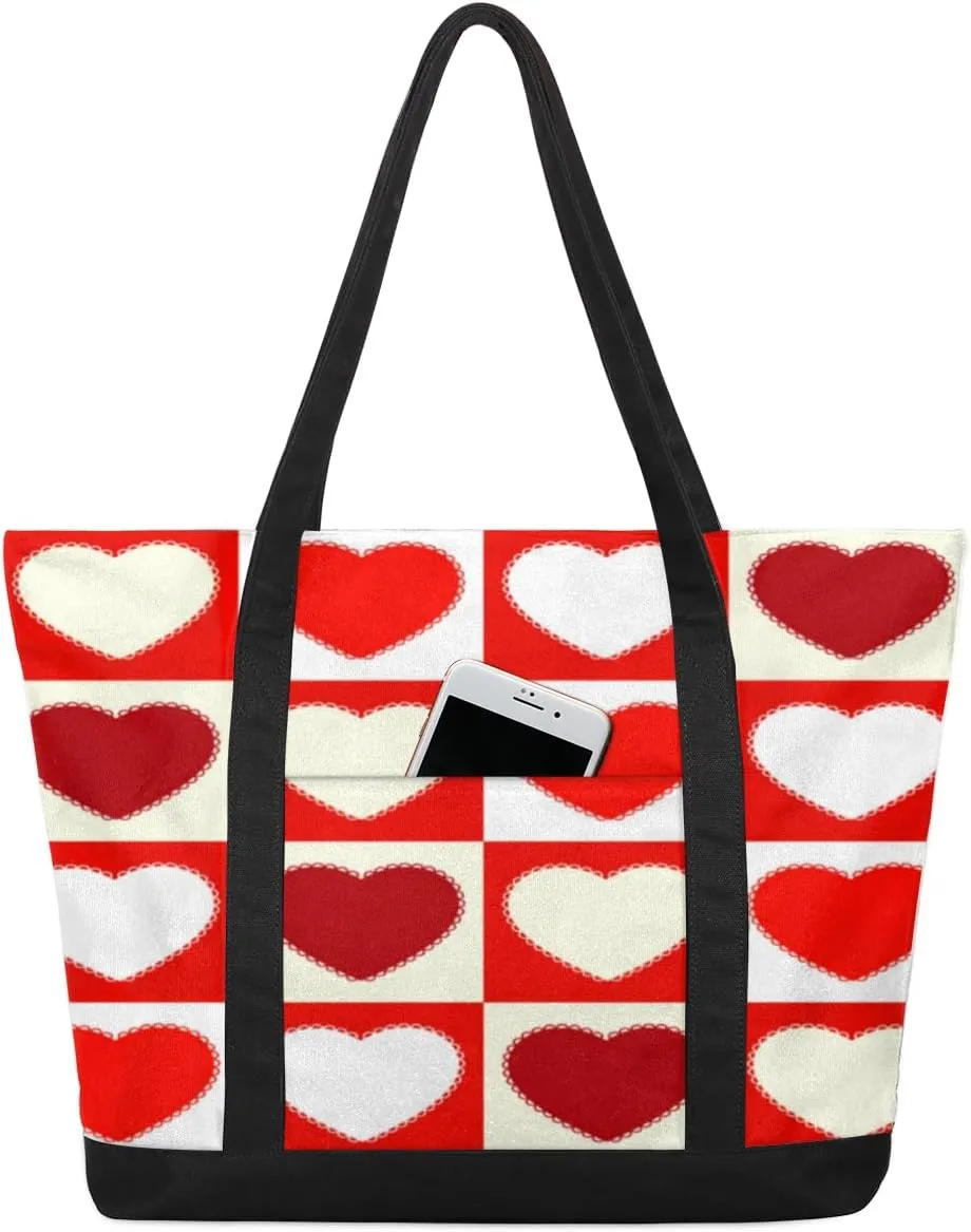 Cute Heart Checkerboard Grid Tote Bag Tote Bag for Women Reusable Grocery Shopping Cloth Bags with Zipper Large Capacity Foldable Handbag Gym Bag for Gift Activity