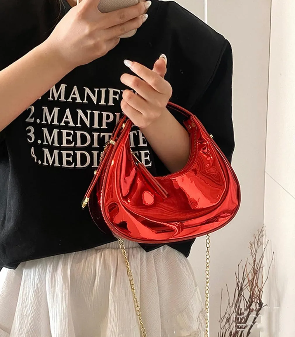 Cute Metallic Purses for Women Stylish Crescent Shoulder Bag Small Gold Crossbody Purse Patent Underarm Moon Bag