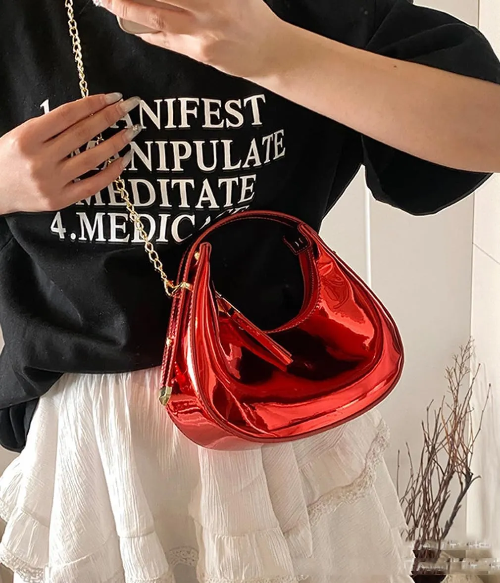 Cute Metallic Purses for Women Stylish Crescent Shoulder Bag Small Gold Crossbody Purse Patent Underarm Moon Bag