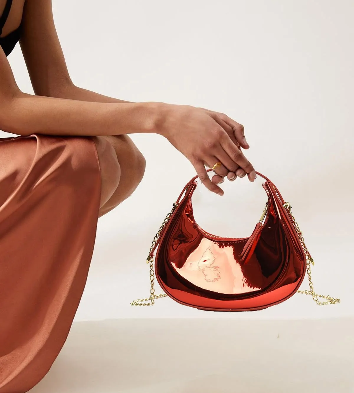 Cute Metallic Purses for Women Stylish Crescent Shoulder Bag Small Gold Crossbody Purse Patent Underarm Moon Bag