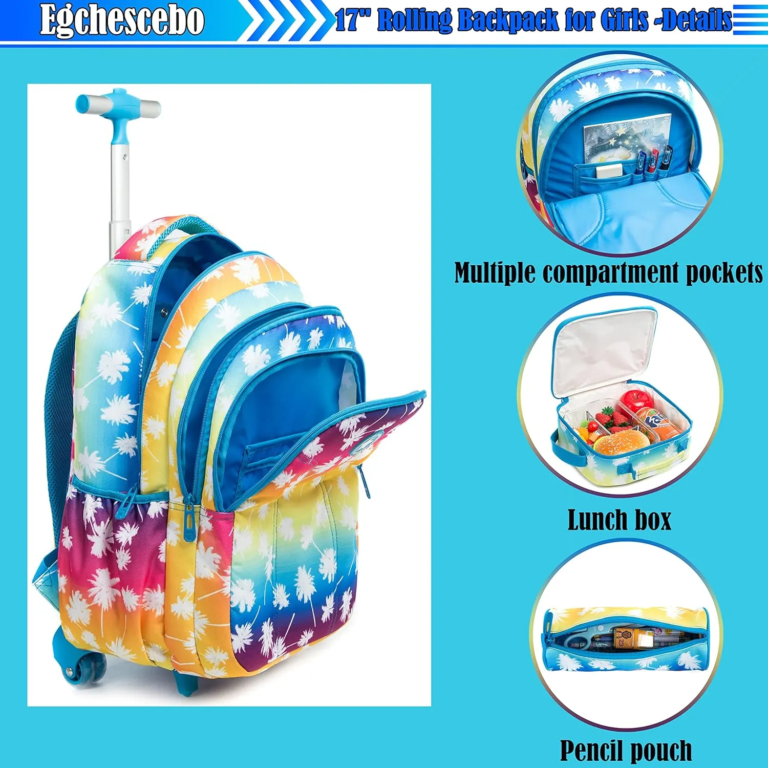 Egchescebo School Bags Kids Rolling Backpack for Girls Kids Luggage Suitcase With Wheels