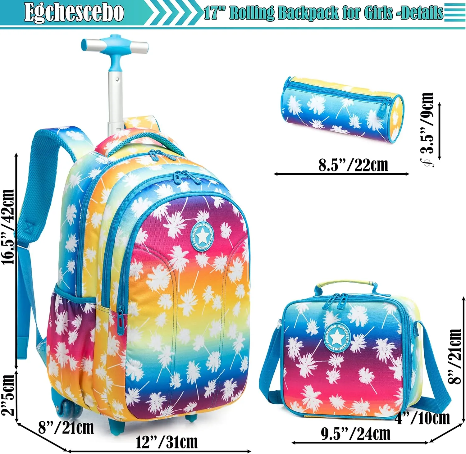 Egchescebo School Bags Kids Rolling Backpack for Girls Kids Luggage Suitcase With Wheels