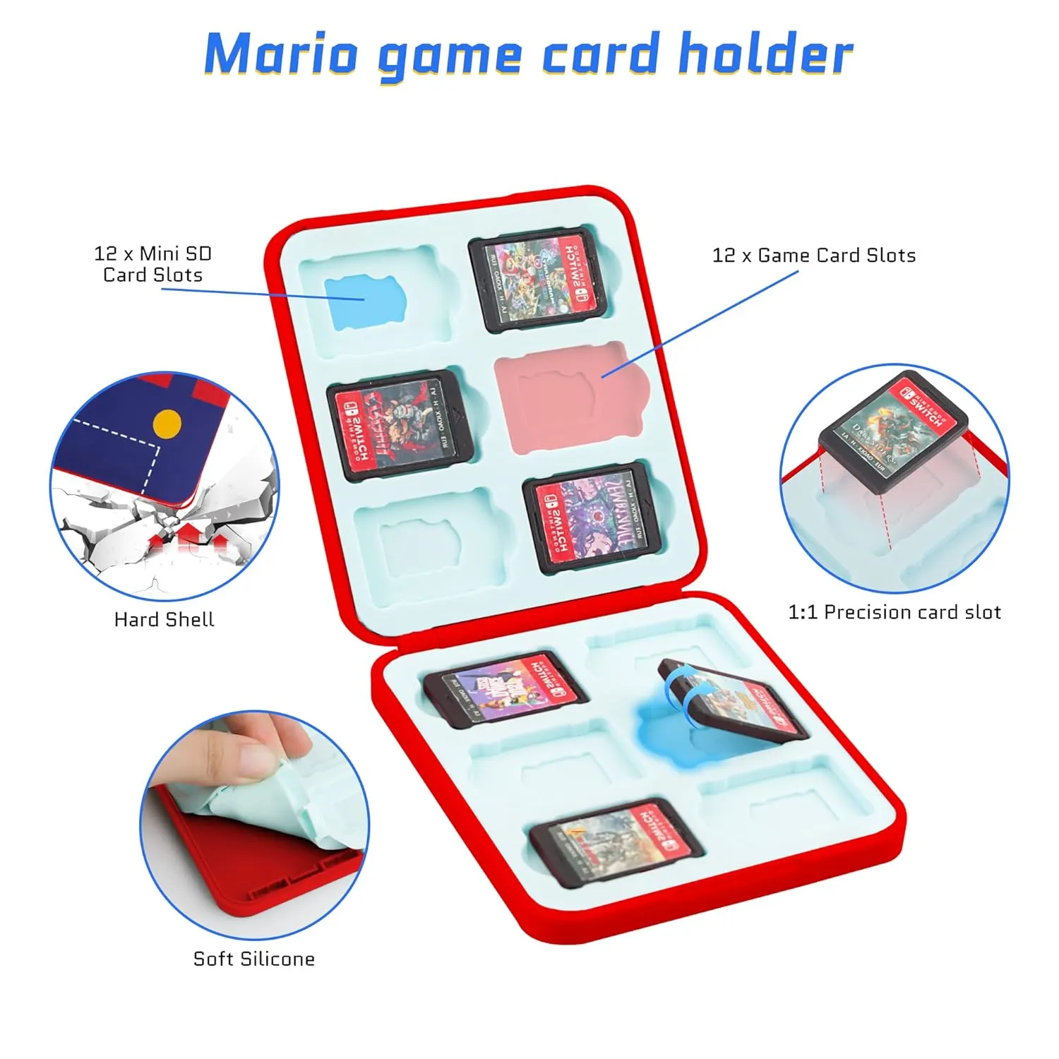 GLDRAM Theme for Mario Switch Travel Bag, Cute Carrying Bag for Nintendo Switch/OLED/Lite, Breathable Switch Crossbody Shoulder Backpack Accessories Bundle with 12 Slots Game Case Holder & Thumb Caps