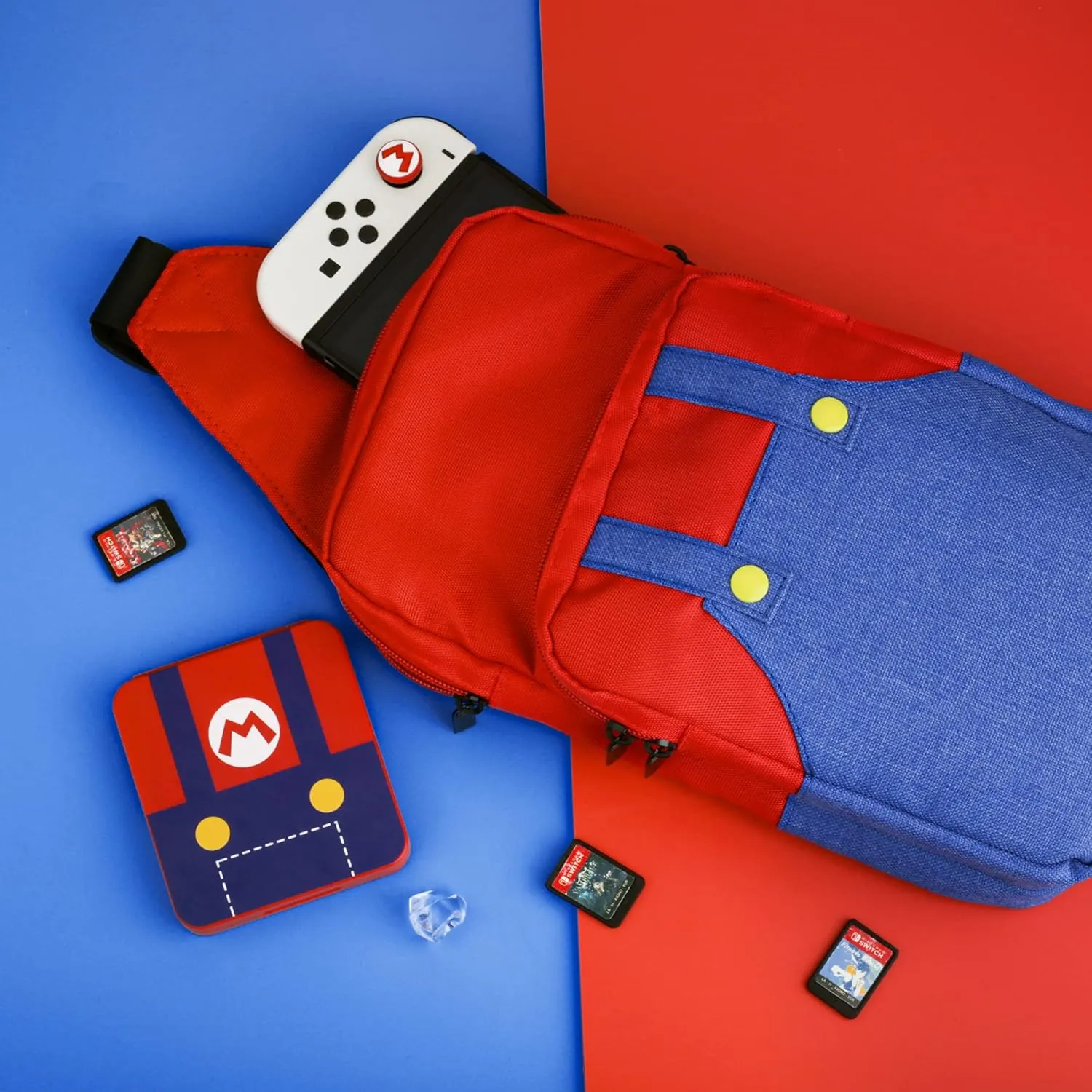 GLDRAM Theme for Mario Switch Travel Bag, Cute Carrying Bag for Nintendo Switch/OLED/Lite, Breathable Switch Crossbody Shoulder Backpack Accessories Bundle with 12 Slots Game Case Holder & Thumb Caps