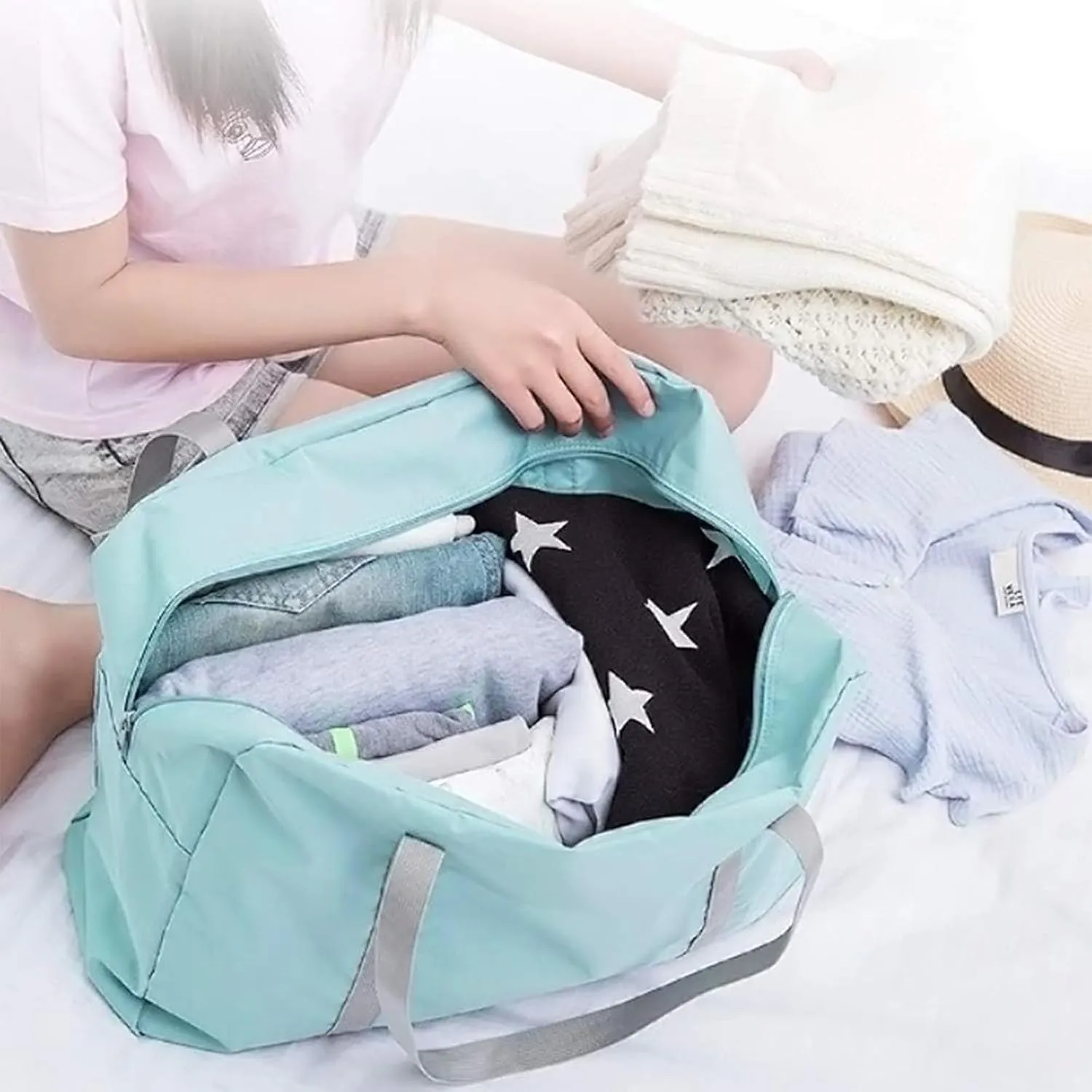 INVODA Travel Duffel Bag for Women Men Foldable Luggage Bags Sports Gym Bag Spirit Airlines Personal Item Carry on Weekender Overnight Bag (Green)