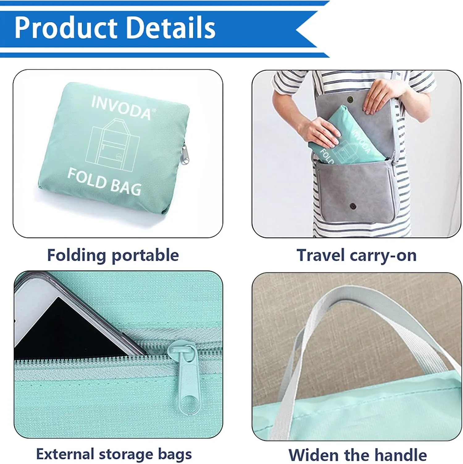 INVODA Travel Duffel Bag for Women Men Foldable Luggage Bags Sports Gym Bag Spirit Airlines Personal Item Carry on Weekender Overnight Bag (Green)