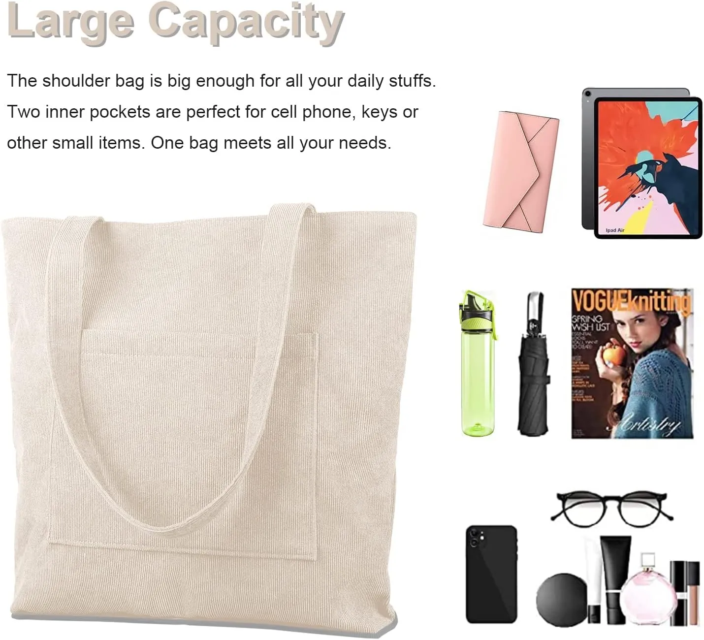 Kememo Corduroy Tote Bag with Zip, Shoulder Bag Women's Hobos Handbags Large Capacity Shopping Bag with Inner Pocket