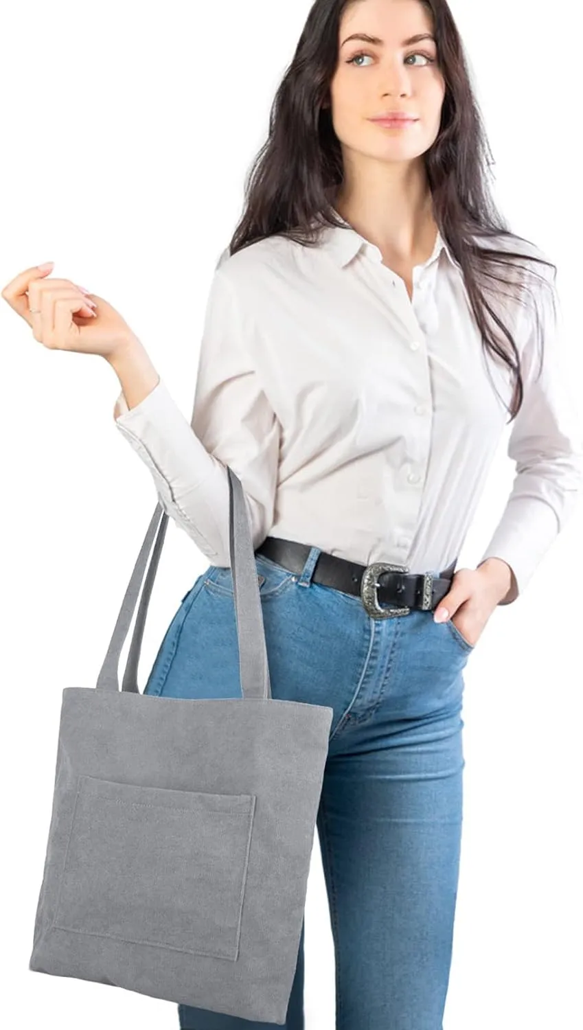 Kememo Corduroy Tote Bag with Zip, Shoulder Bag Women's Hobos Handbags Large Capacity Shopping Bag with Inner Pocket