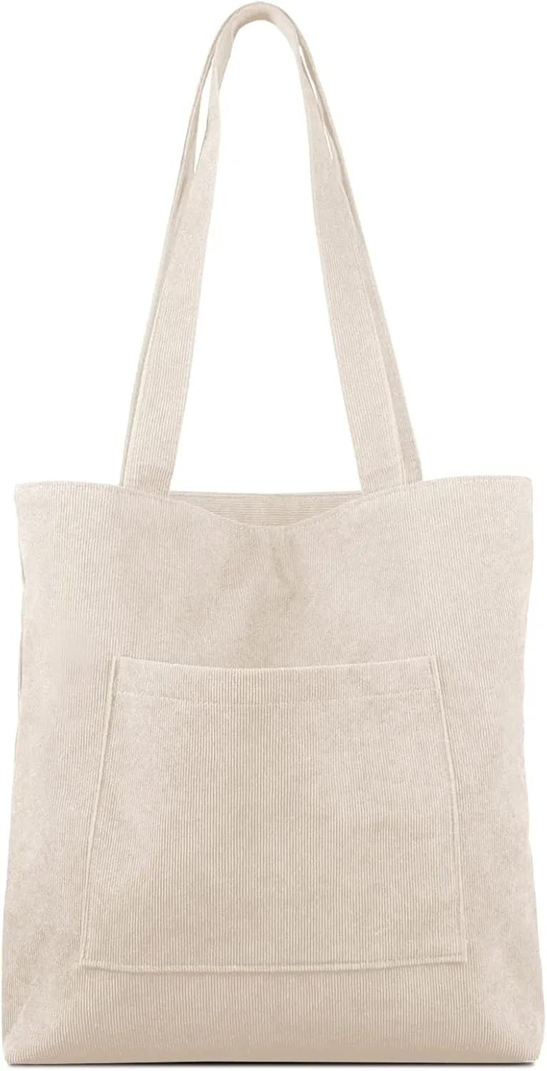 Kememo Corduroy Tote Bag with Zip, Shoulder Bag Women's Hobos Handbags Large Capacity Shopping Bag with Inner Pocket