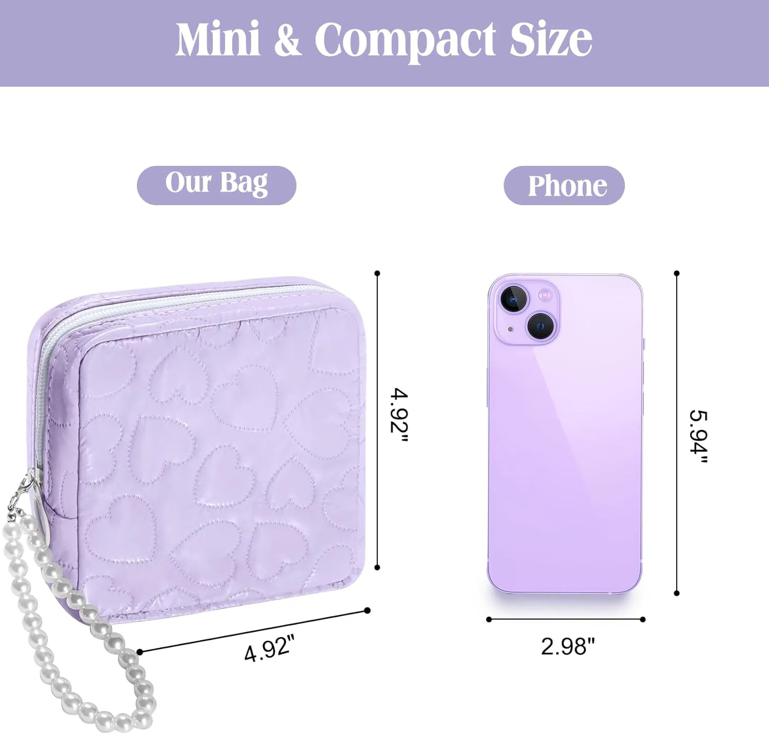Mini Makeup Bag with Detachable Faux Pearl Chain: Cute & Compact Cosmetic Pouch for Purse, Multi-Functional Small Makeup Bag for Travel and Everyday Use-Purple