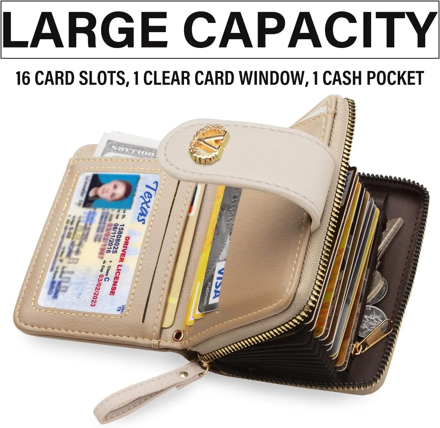 Multi-Purpose Wallet High Capacity Card Holder Zipper Coin Purse with Wristlet Bracelet Keychain Silicone Beaded Bangle Key Ring