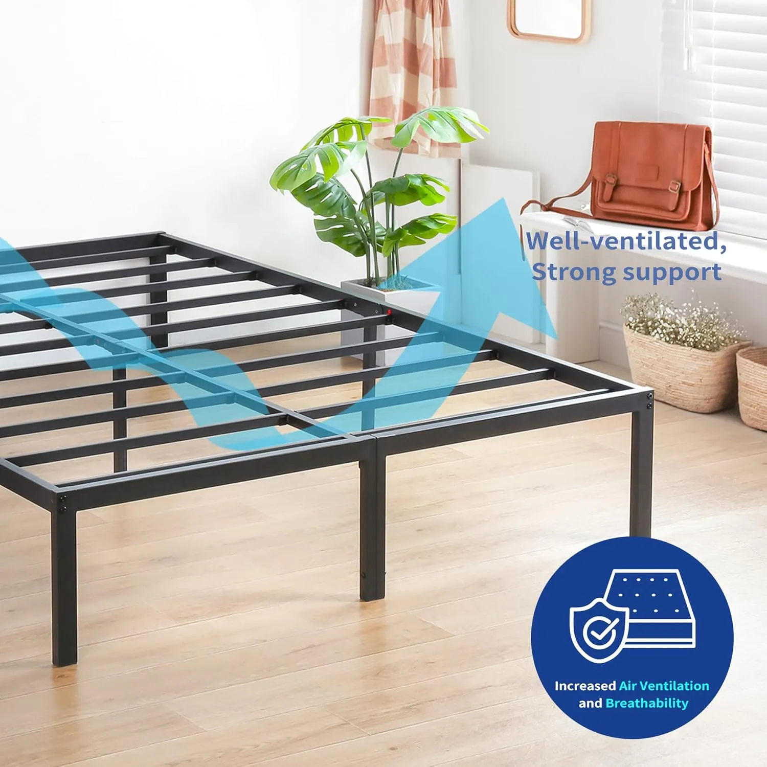 Olee Sleep 14 Inch Heavy Duty Steel Slat Anti-Slip Support, Easy Assembly Platform Bed Frame, Noise Free Steel Mattress Foundation, Maximum Storage, No Box Spring Needed, Black, Full Size