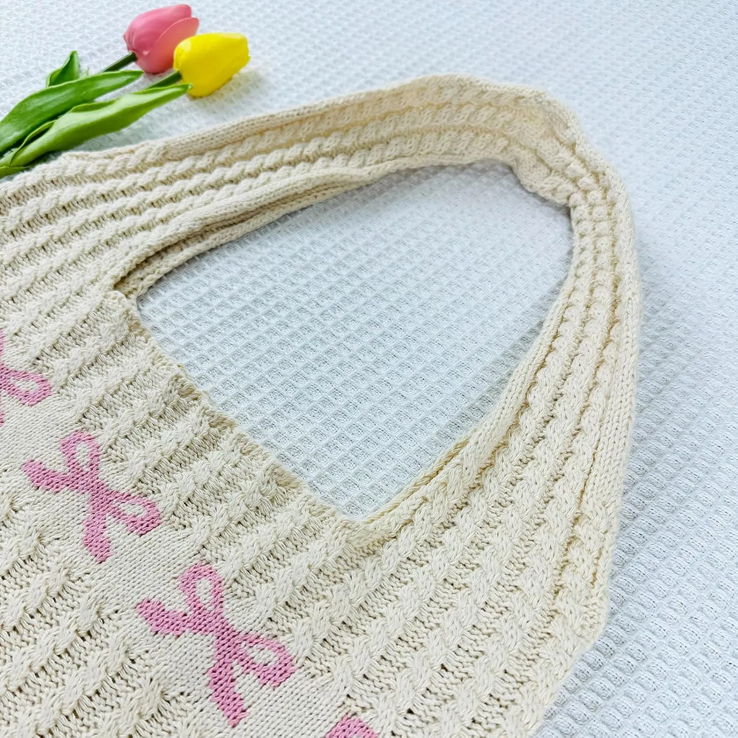 Ovida Cute Bow Tie Crochet Bags for Women Summer Travel Beach Tote Bag Y2k Aesthetic Knit Bag Fairy Grunge Accessories