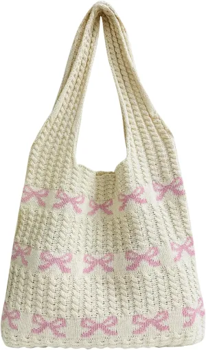 Ovida Cute Bow Tie Crochet Bags for Women Summer Travel Beach Tote Bag Y2k Aesthetic Knit Bag Fairy Grunge Accessories
