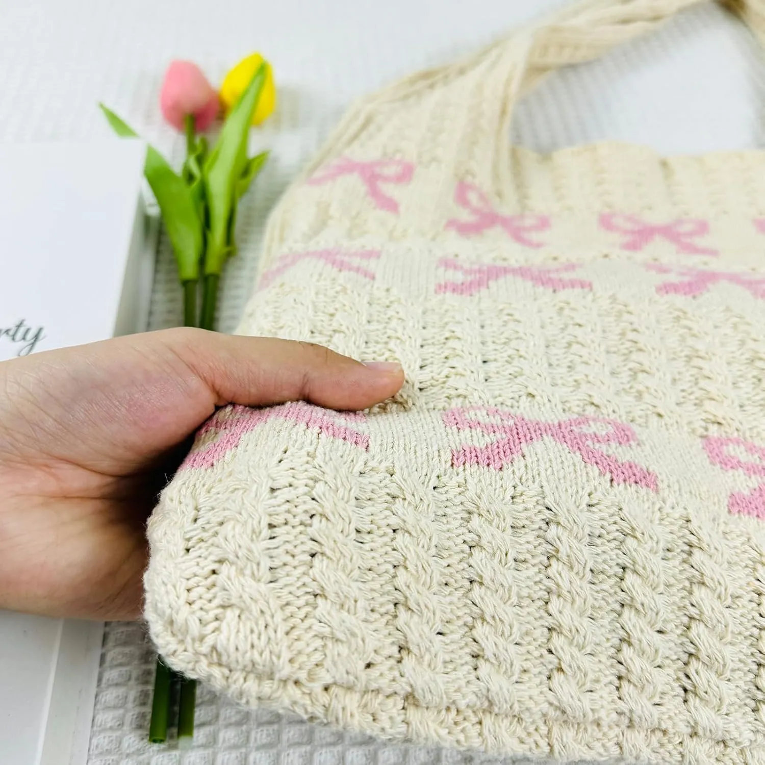 Ovida Cute Bow Tie Crochet Bags for Women Summer Travel Beach Tote Bag Y2k Aesthetic Knit Bag Fairy Grunge Accessories