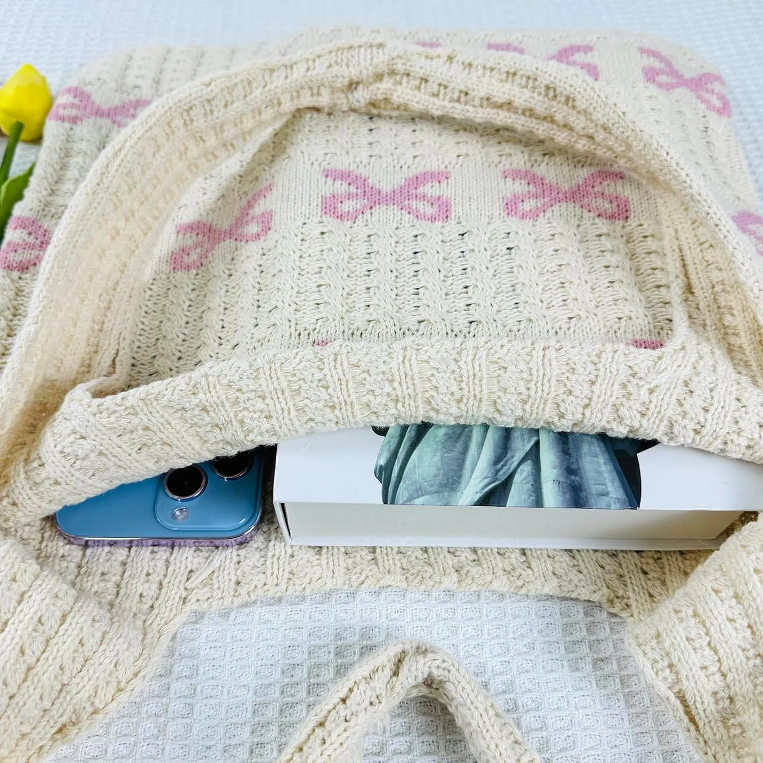 Ovida Cute Bow Tie Crochet Bags for Women Summer Travel Beach Tote Bag Y2k Aesthetic Knit Bag Fairy Grunge Accessories