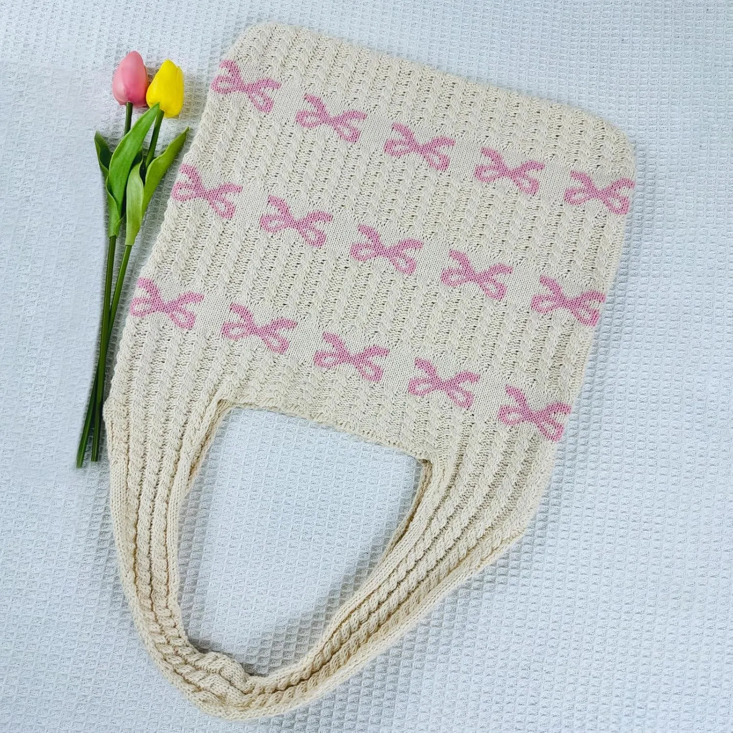 Ovida Cute Bow Tie Crochet Bags for Women Summer Travel Beach Tote Bag Y2k Aesthetic Knit Bag Fairy Grunge Accessories