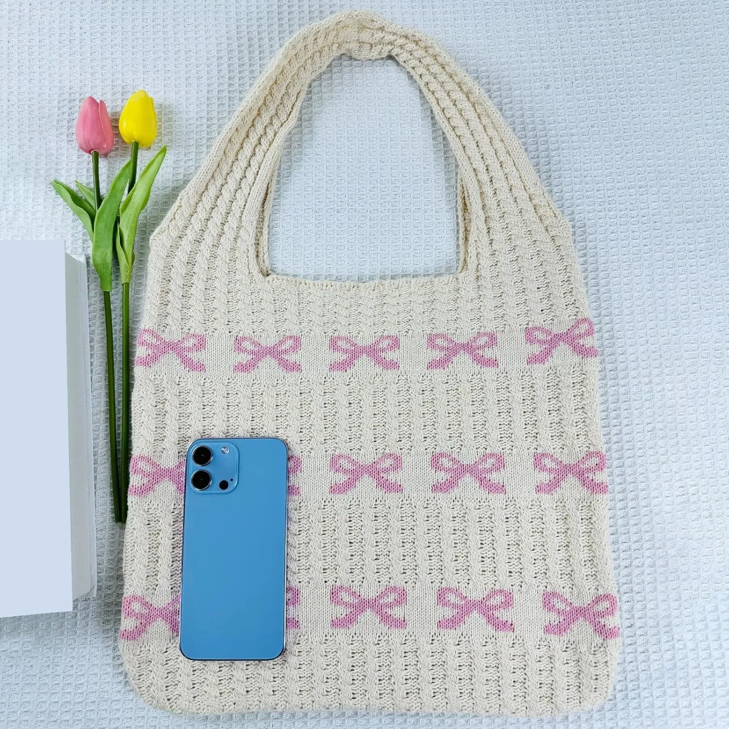 Ovida Cute Bow Tie Crochet Bags for Women Summer Travel Beach Tote Bag Y2k Aesthetic Knit Bag Fairy Grunge Accessories