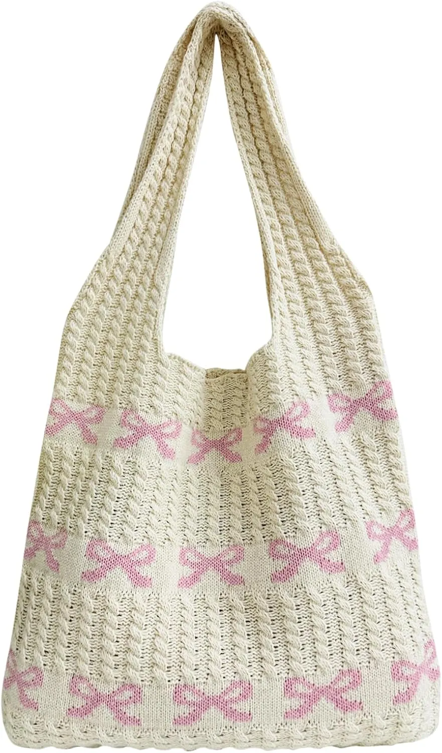 Ovida Cute Bow Tie Crochet Bags for Women Summer Travel Beach Tote Bag Y2k Aesthetic Knit Bag Fairy Grunge Accessories