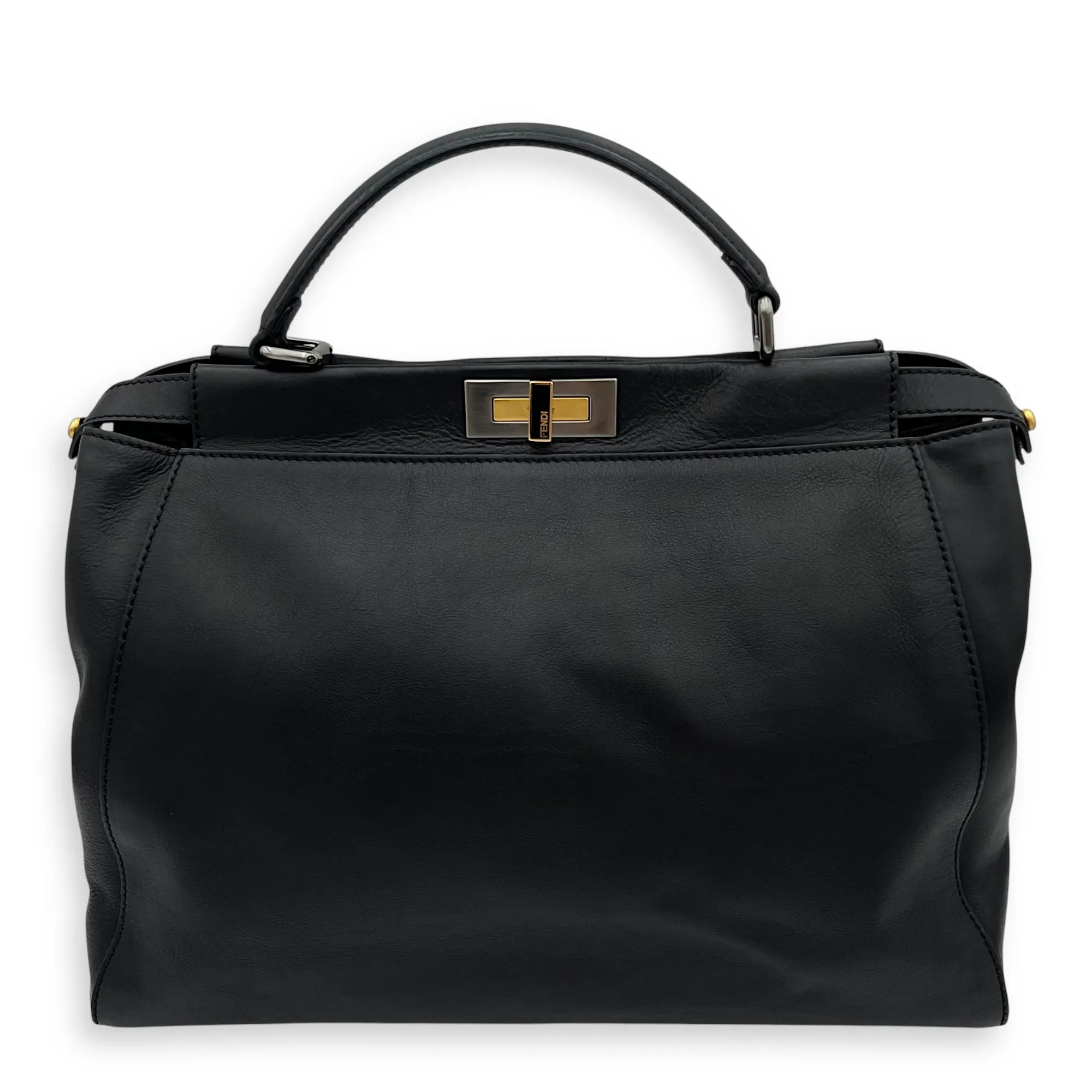 Peekaboo Large Black Top Handle Bag in Calfskin, Mixed hardware
