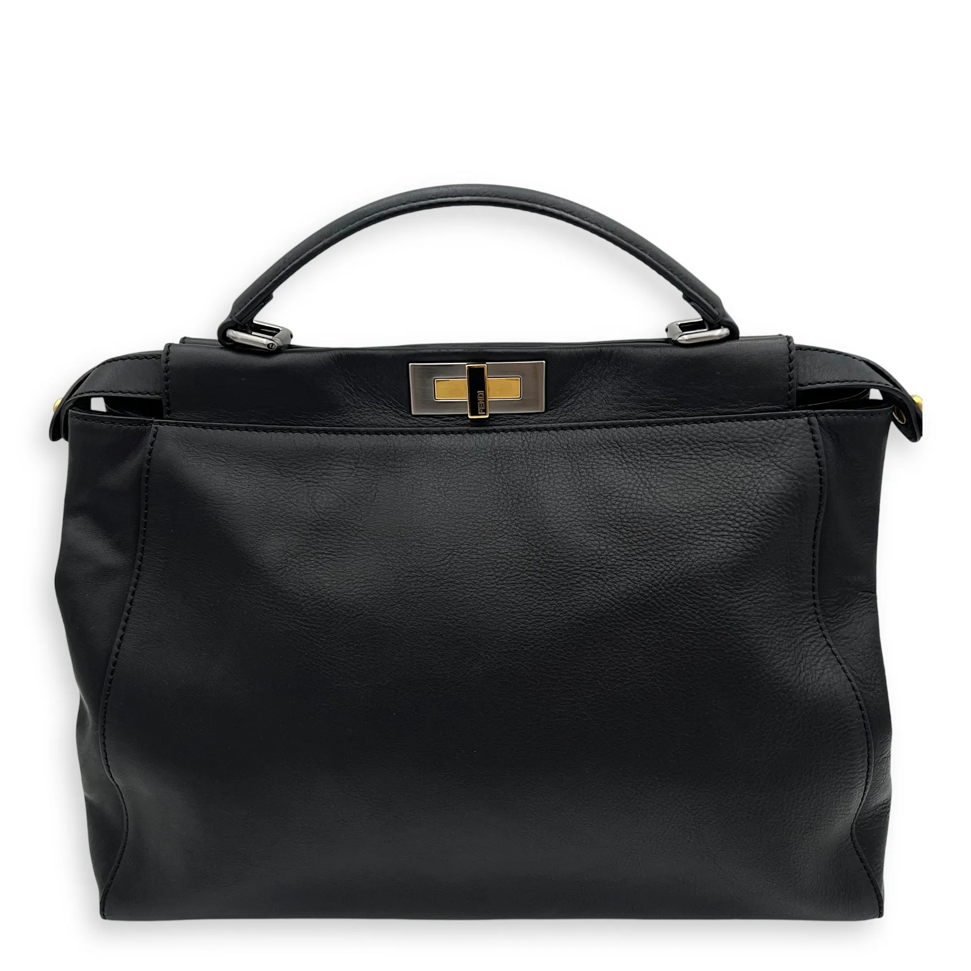 Peekaboo Large Black Top Handle Bag in Calfskin, Mixed hardware