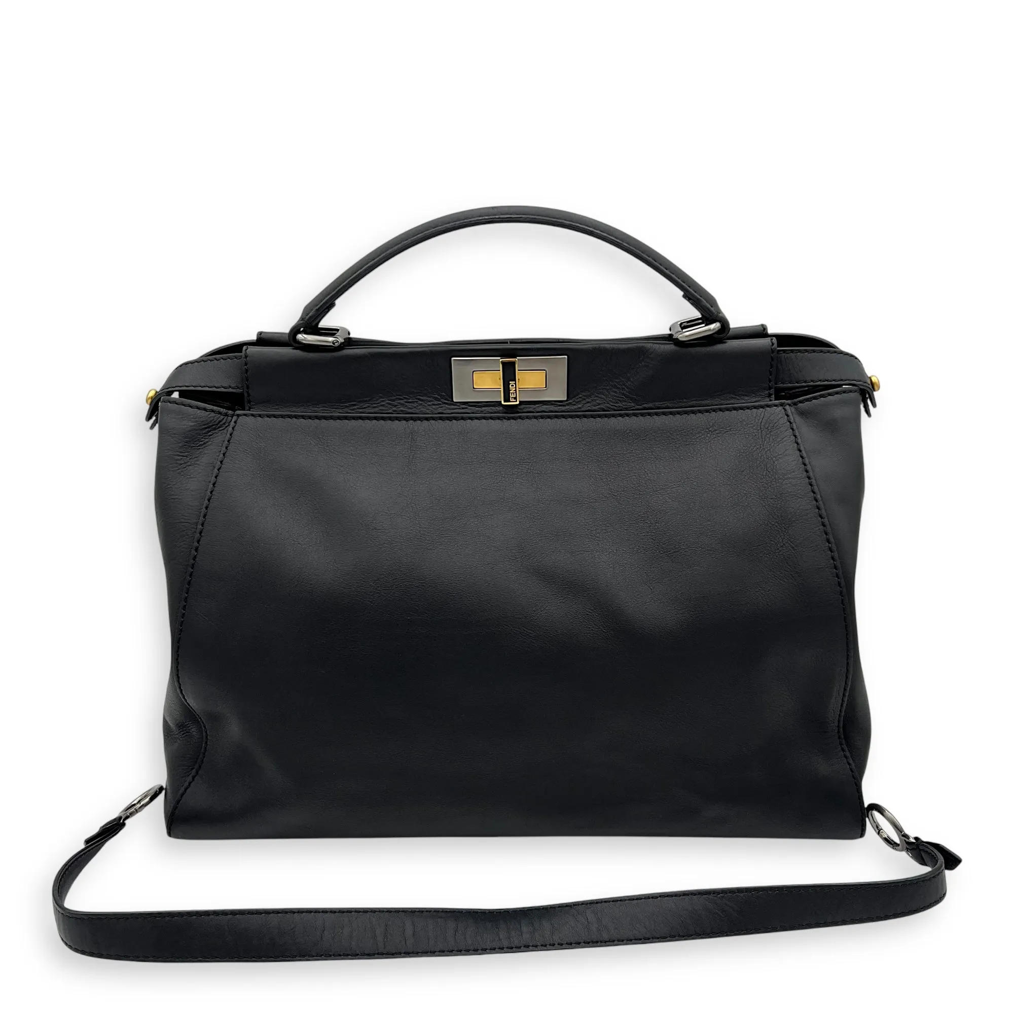 Peekaboo Large Black Top Handle Bag in Calfskin, Mixed hardware