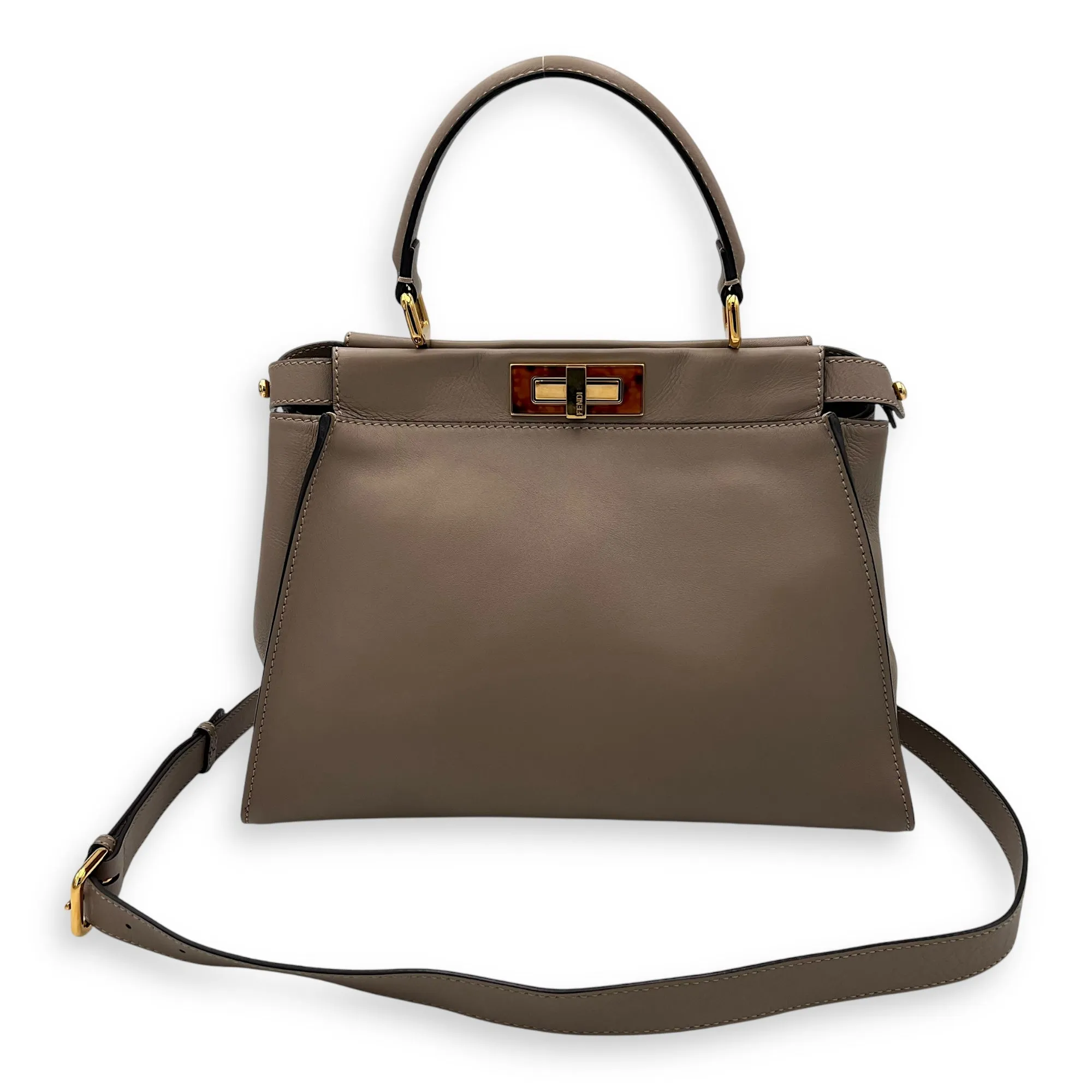 Peekaboo Medium Brown Top Handle Bag in Calfskin, Gold hardware