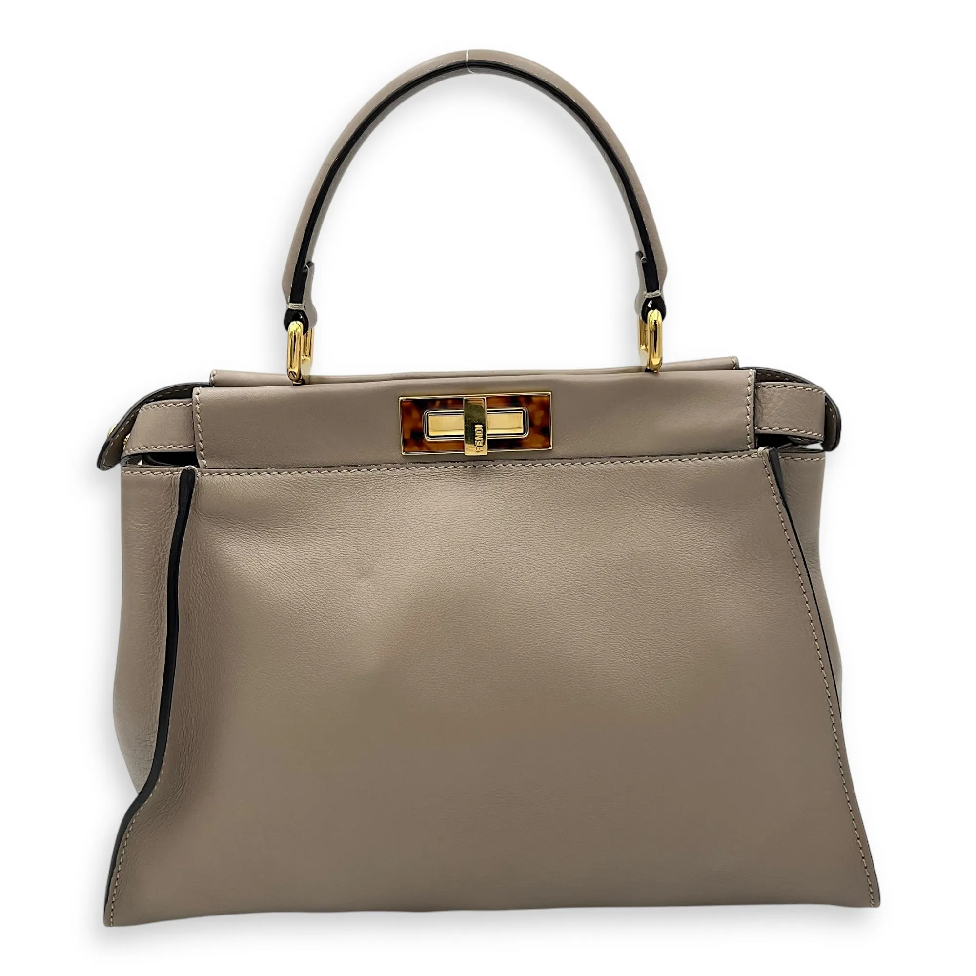 Peekaboo Medium Brown Top Handle Bag in Calfskin, Gold hardware